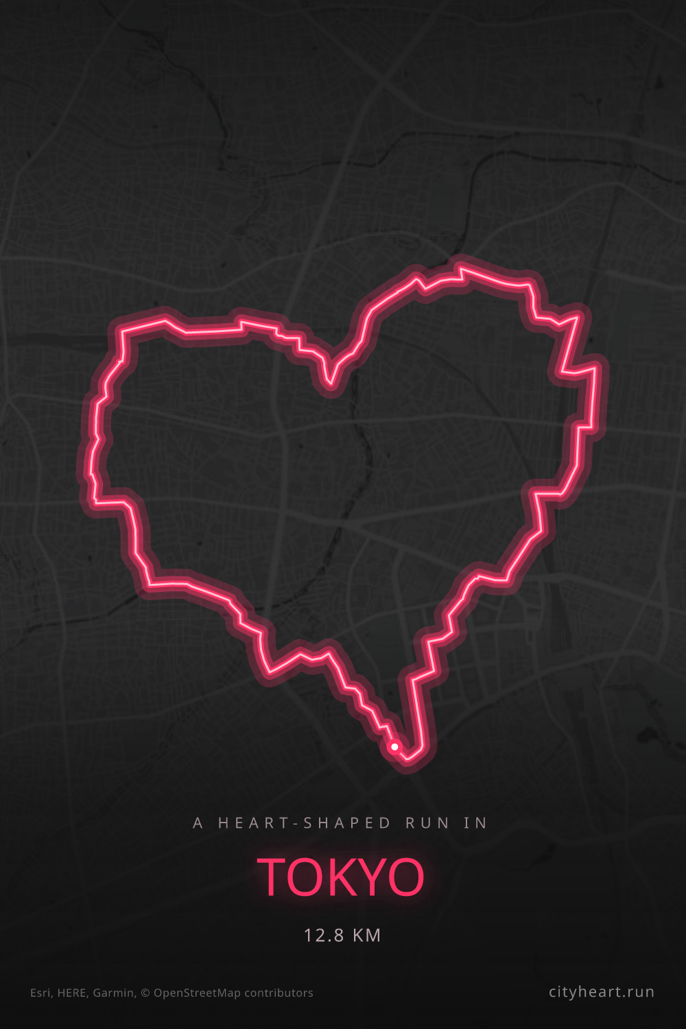 Heart-shaped running route in Tokyo, 12.8 km — GPS art for Strava
