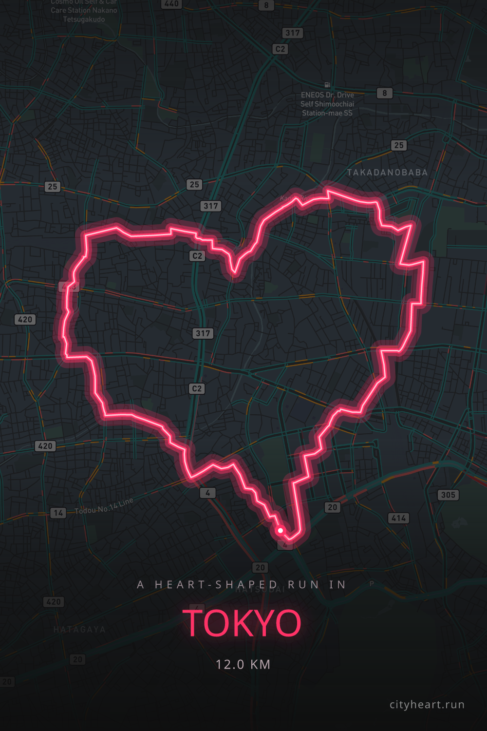 Heart-shaped running route in Tokyo, 12.8 km — GPS art for Strava