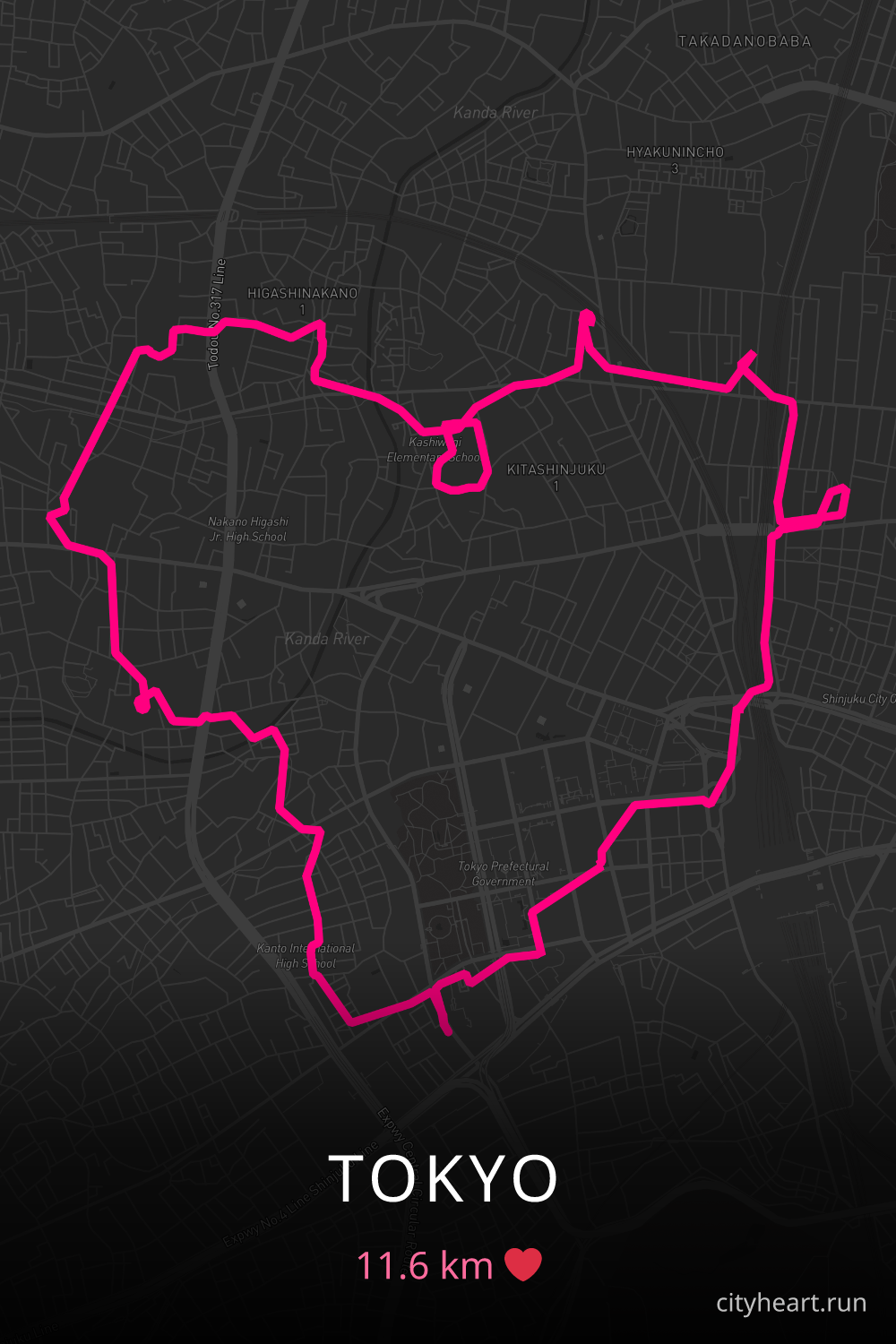 Heart-shaped running route in Tokyo, 11.6 km — GPS art for Strava