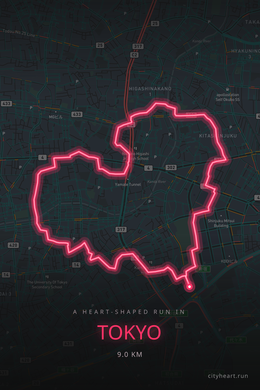 Heart-shaped running route in Tokyo, 9.0 km — GPS art for Strava