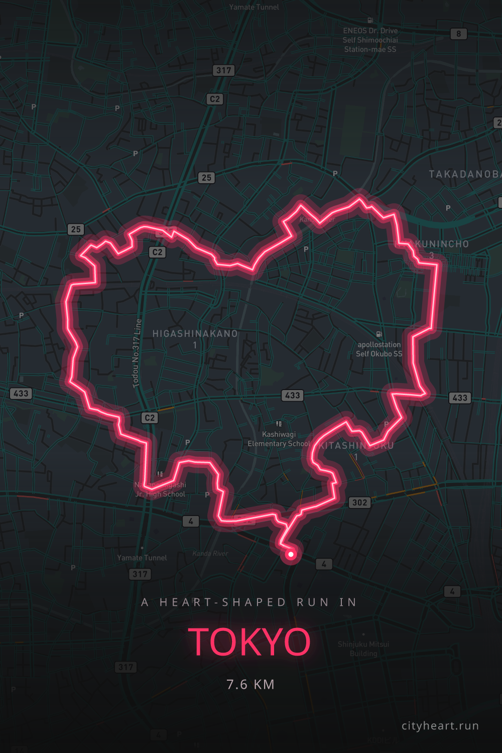 Heart-shaped running route in Tokyo, 7.6 km — GPS art for Strava