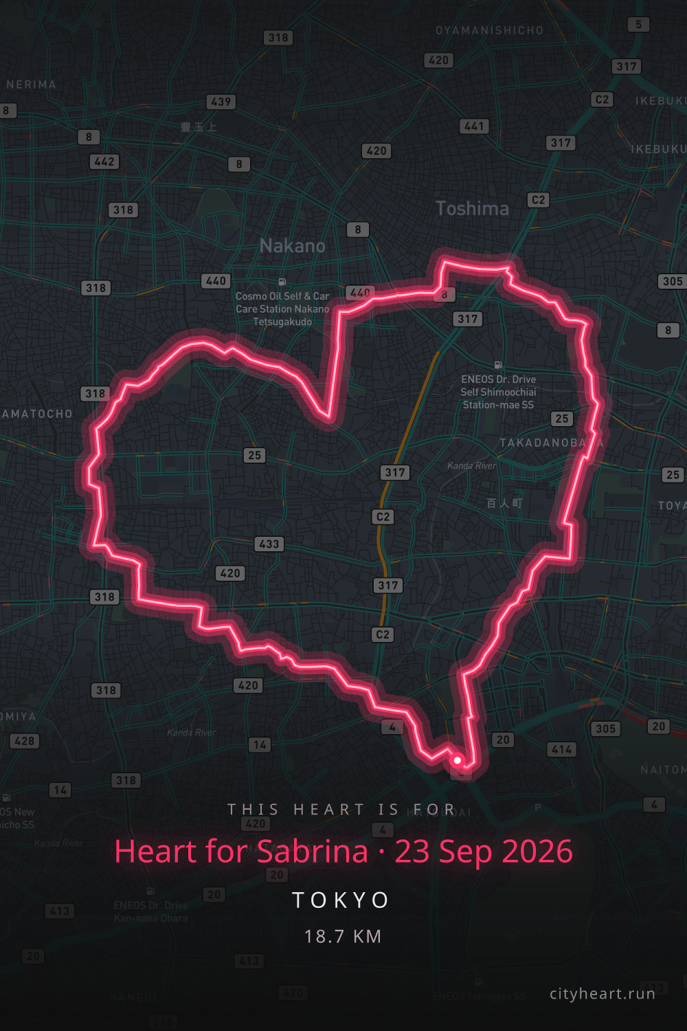 Heart-shaped running route in Tokyo, 18.7 km — GPS art for Strava