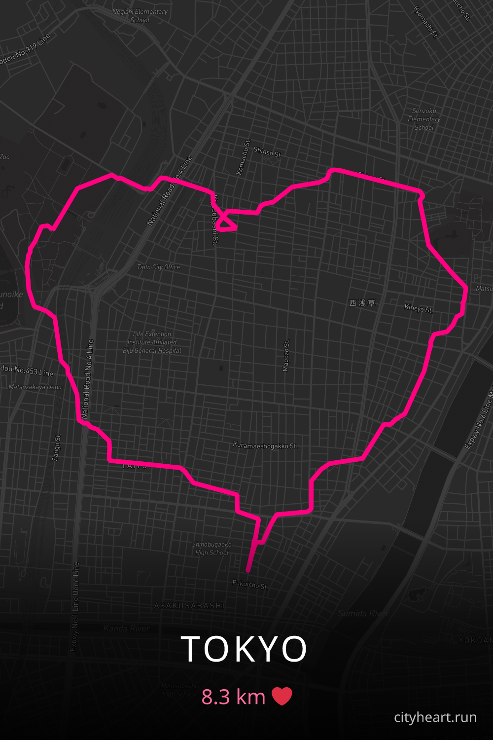Heart-shaped running route in Tokyo, 8.3 km — GPS art for Strava