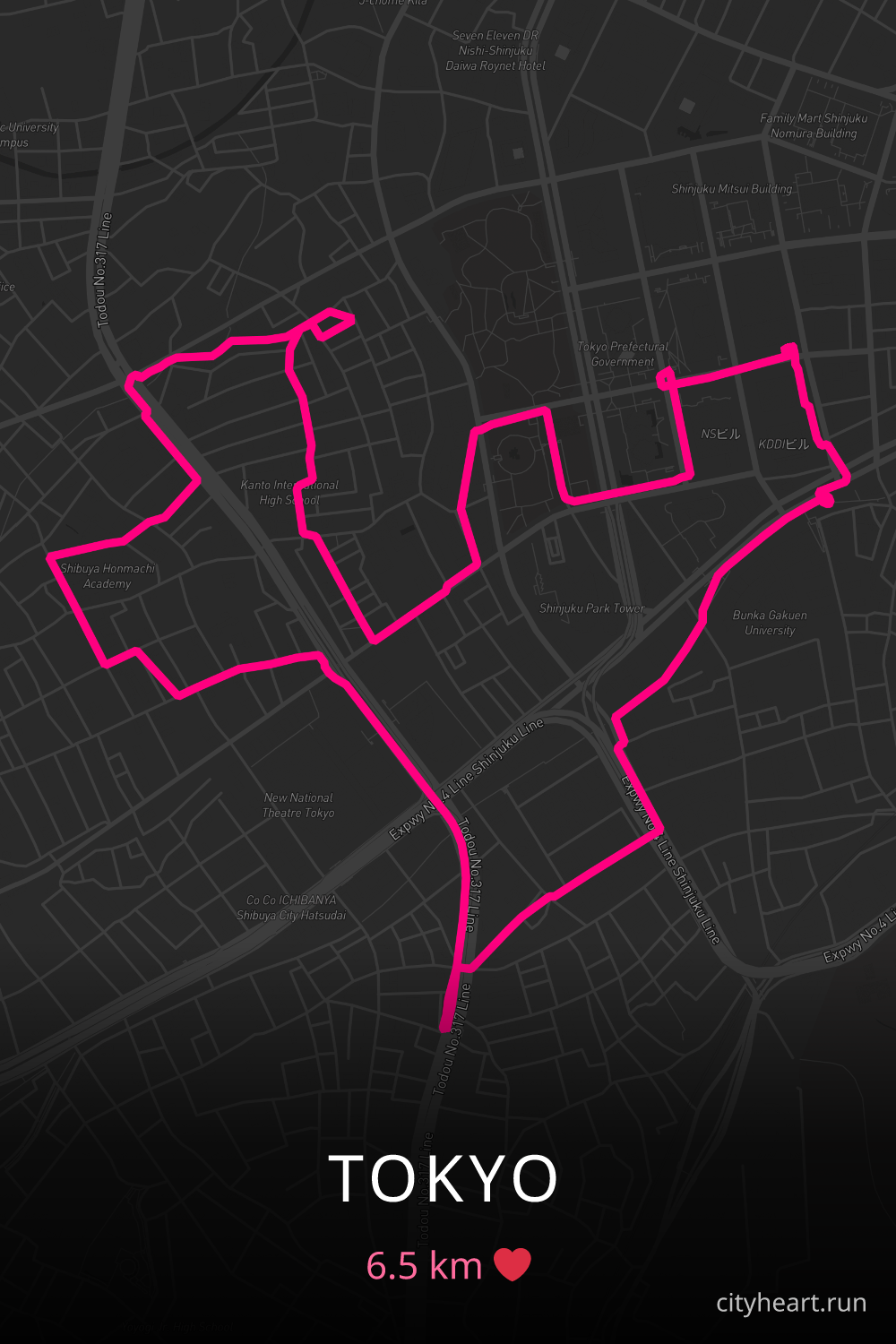 Heart-shaped running route in Tokyo, 6.5 km — GPS art for Strava