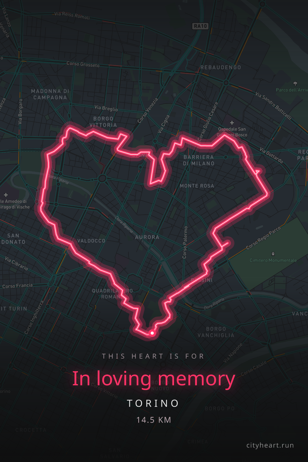Heart-shaped running route in Torino, 15.4 km — GPS art for Strava