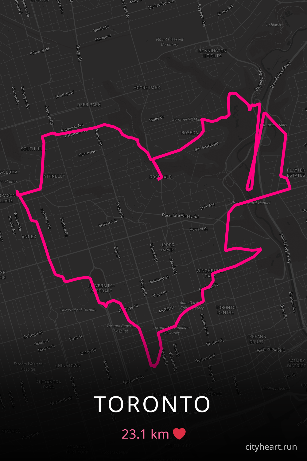 Heart-shaped running route in Toronto, 23.1 km — GPS art for Strava