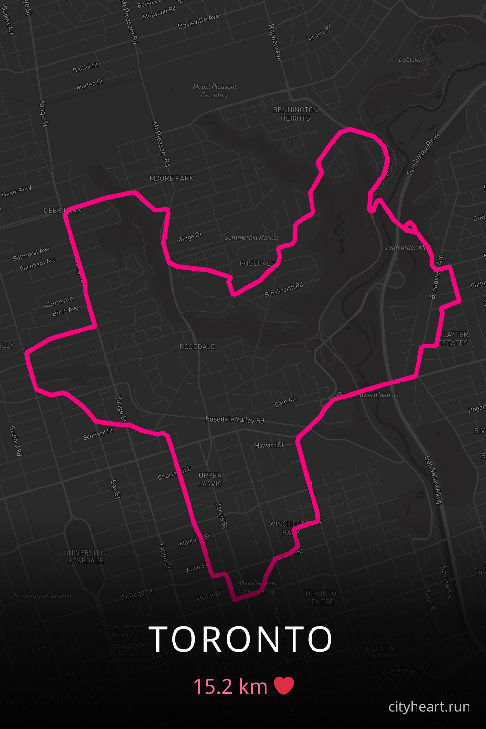 Heart-shaped running route in Toronto, 15.2 km — GPS art for Strava