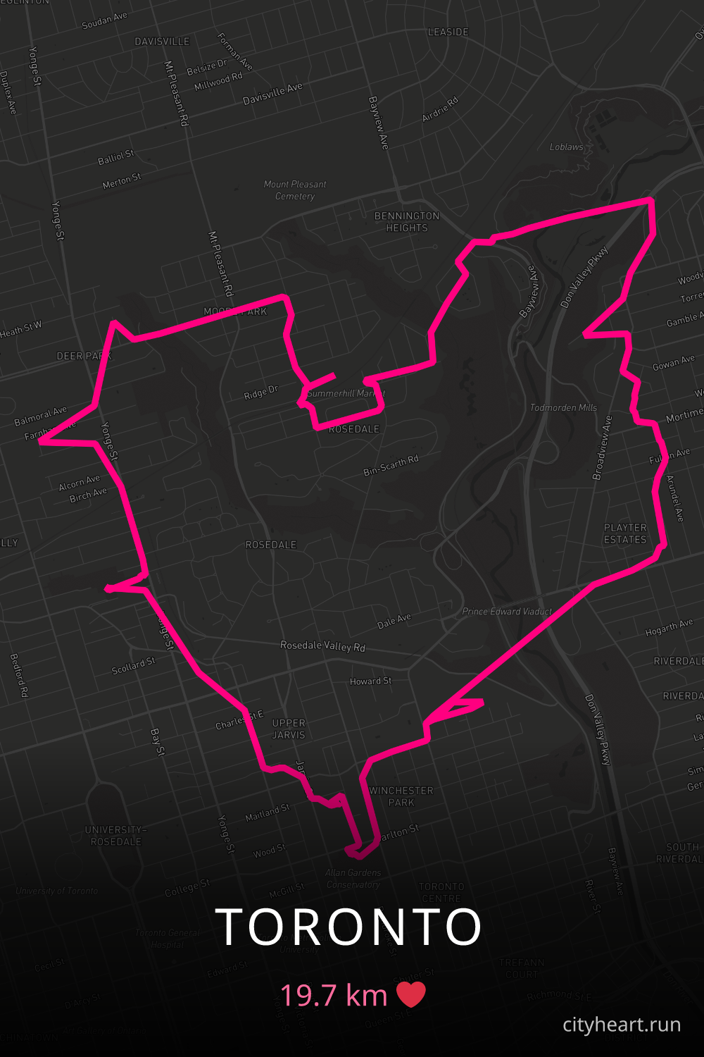 Heart-shaped running route in Toronto, 19.7 km — GPS art for Strava