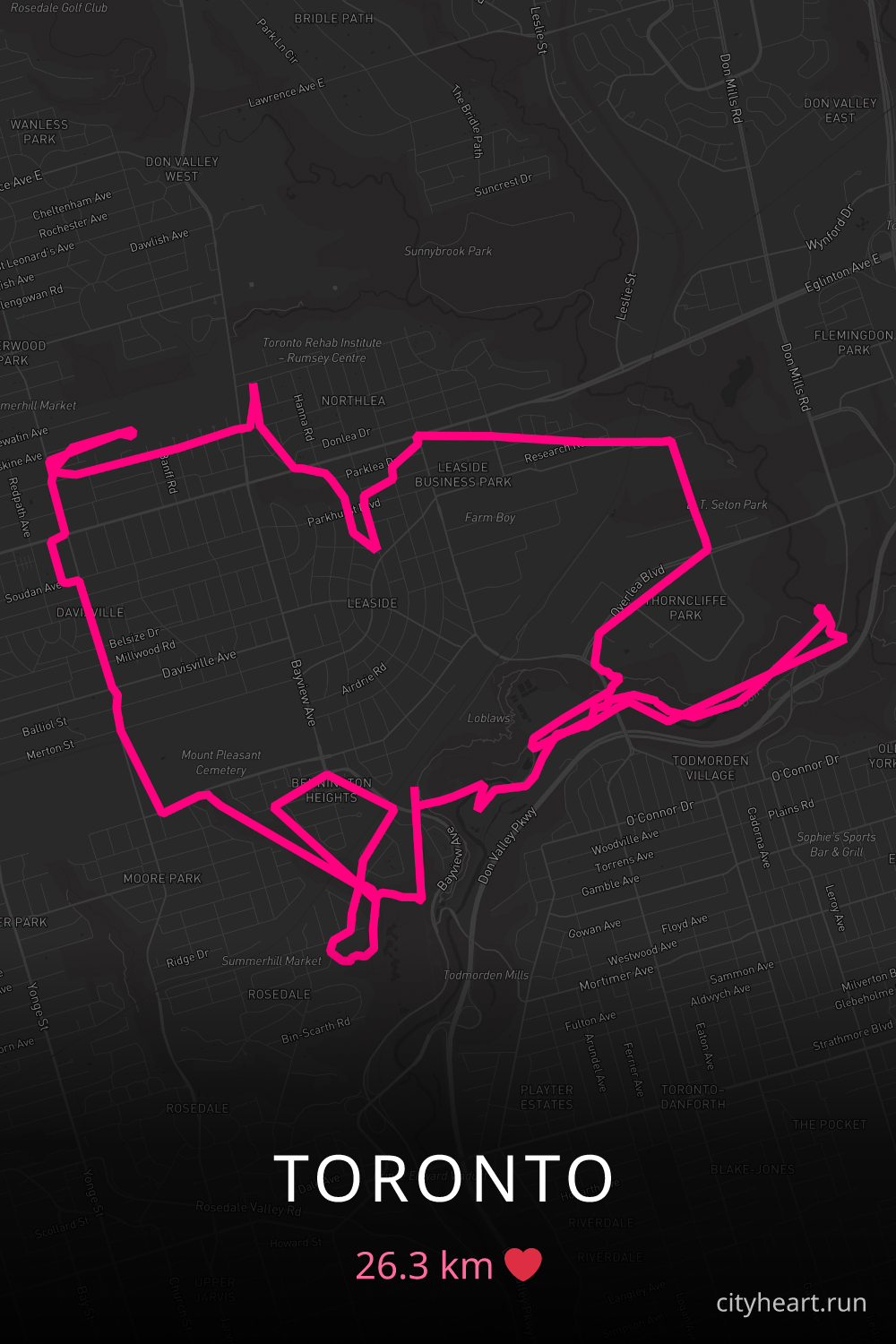 Heart-shaped running route in Toronto, 26.3 km — GPS art for Strava
