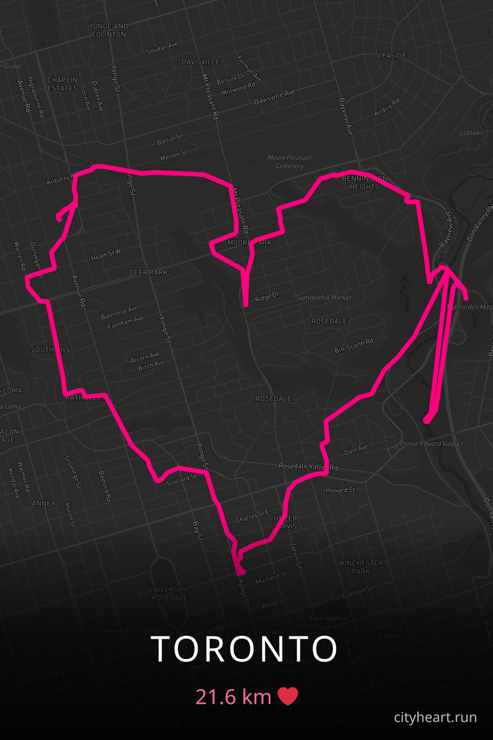 Heart-shaped running route in Toronto, 21.6 km — GPS art for Strava