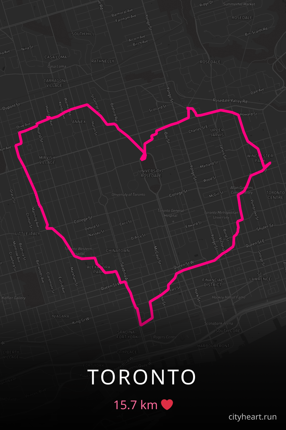 Heart-shaped running route in Toronto, 15.7 km — GPS art for Strava