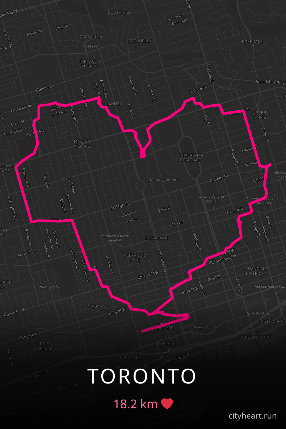 Heart-shaped running route in Toronto, 18.2 km — GPS art for Strava