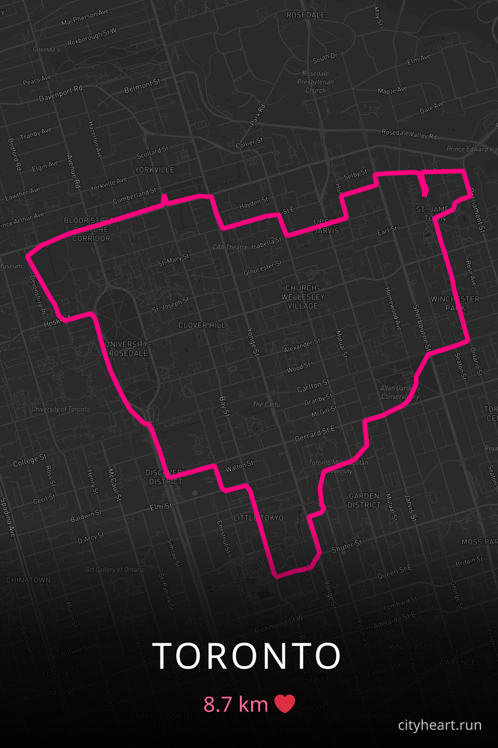 Heart-shaped running route in Toronto, 8.7 km — GPS art for Strava