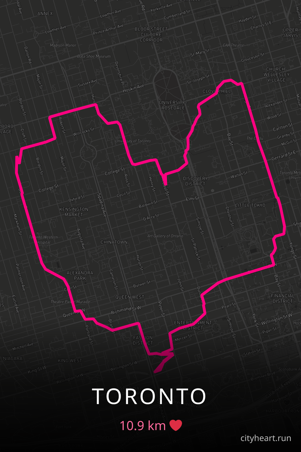 Heart-shaped running route in Toronto, 10.9 km — GPS art for Strava