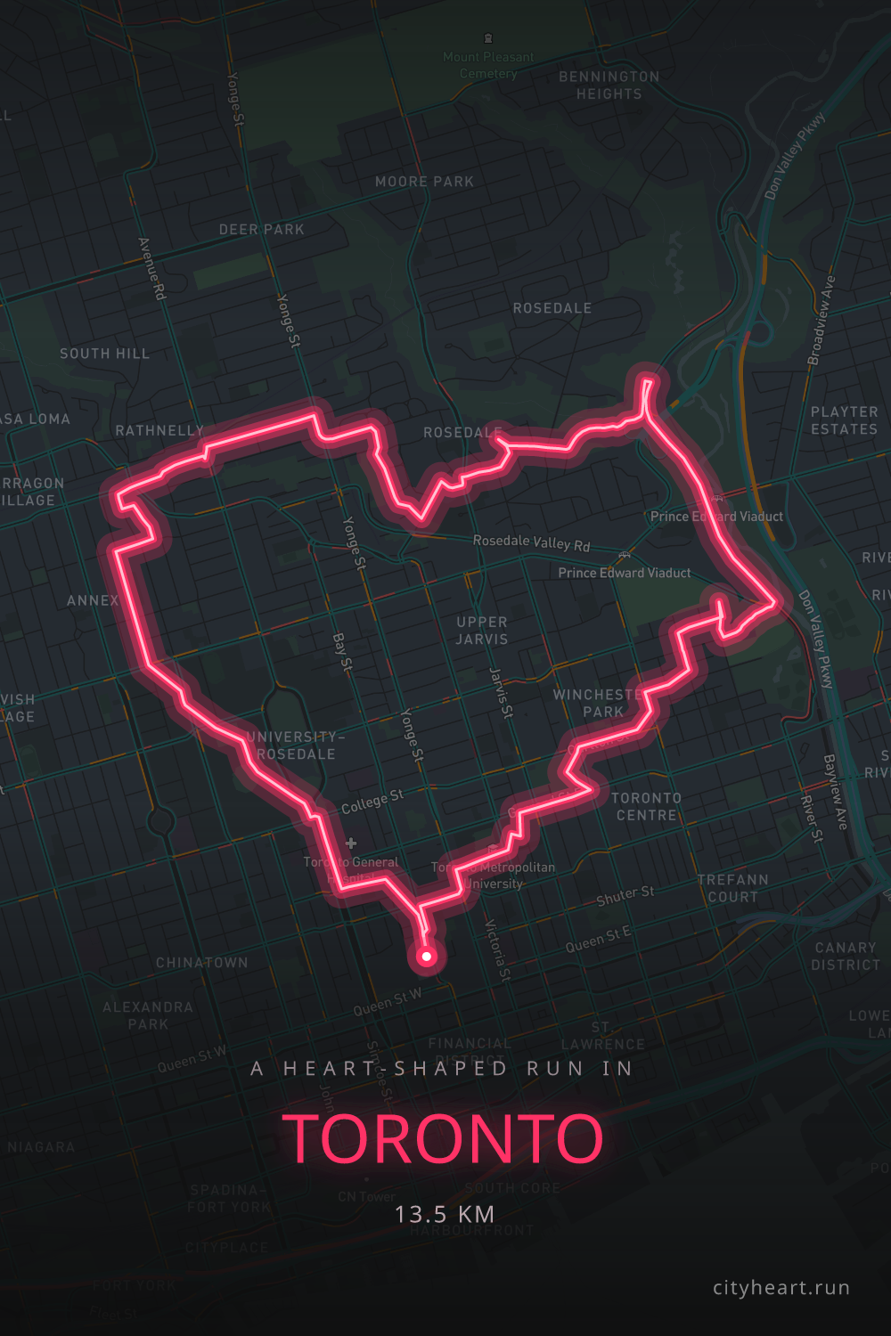 Heart-shaped running route in Toronto, 13.5 km — GPS art for Strava