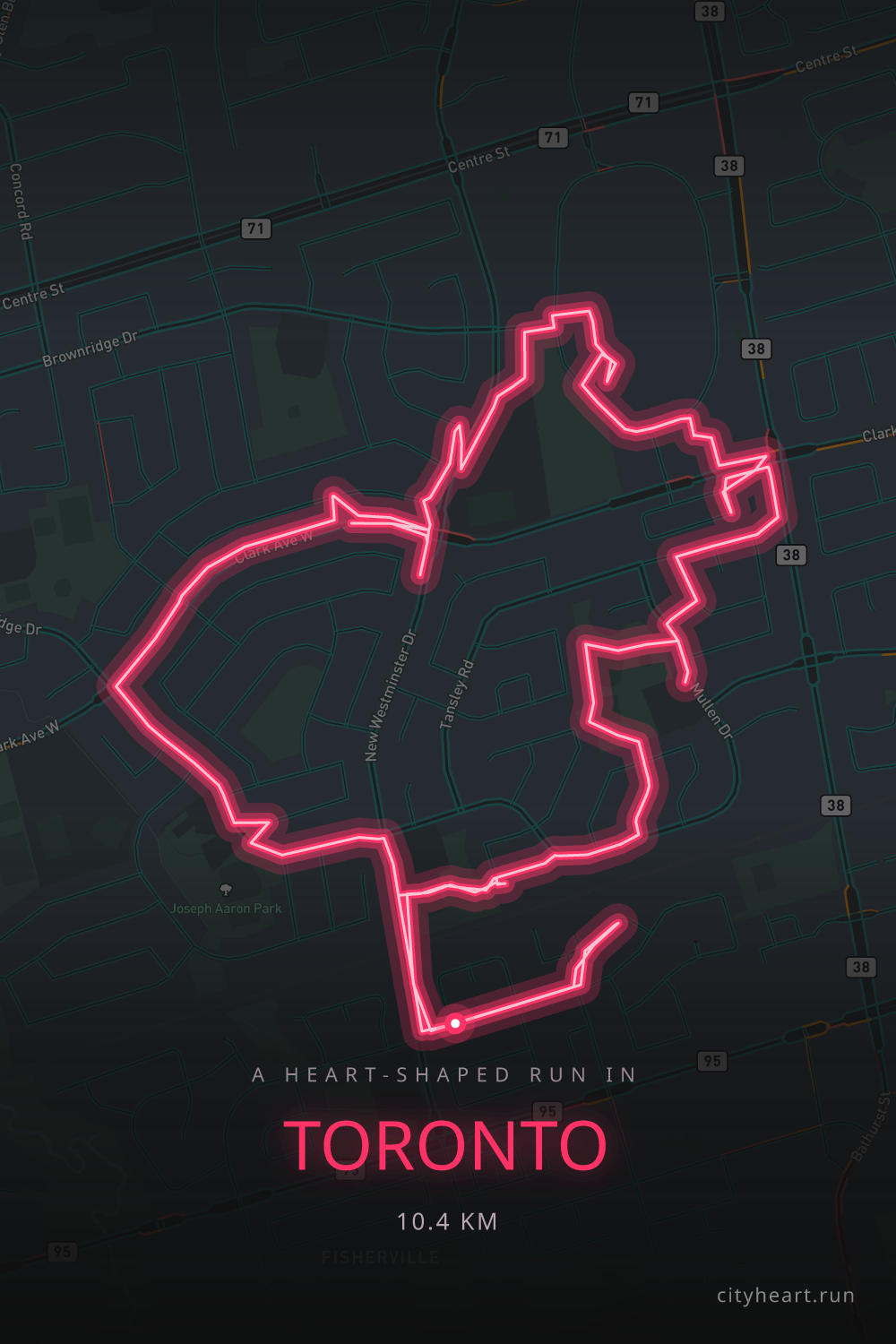 Heart-shaped running route in Toronto, 10.4 km — GPS art for Strava