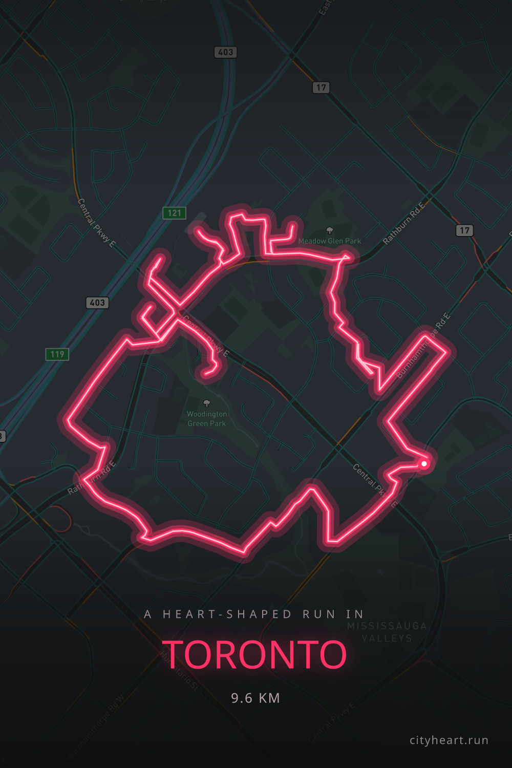 Heart-shaped running route in Toronto, 11.3 km — GPS art for Strava