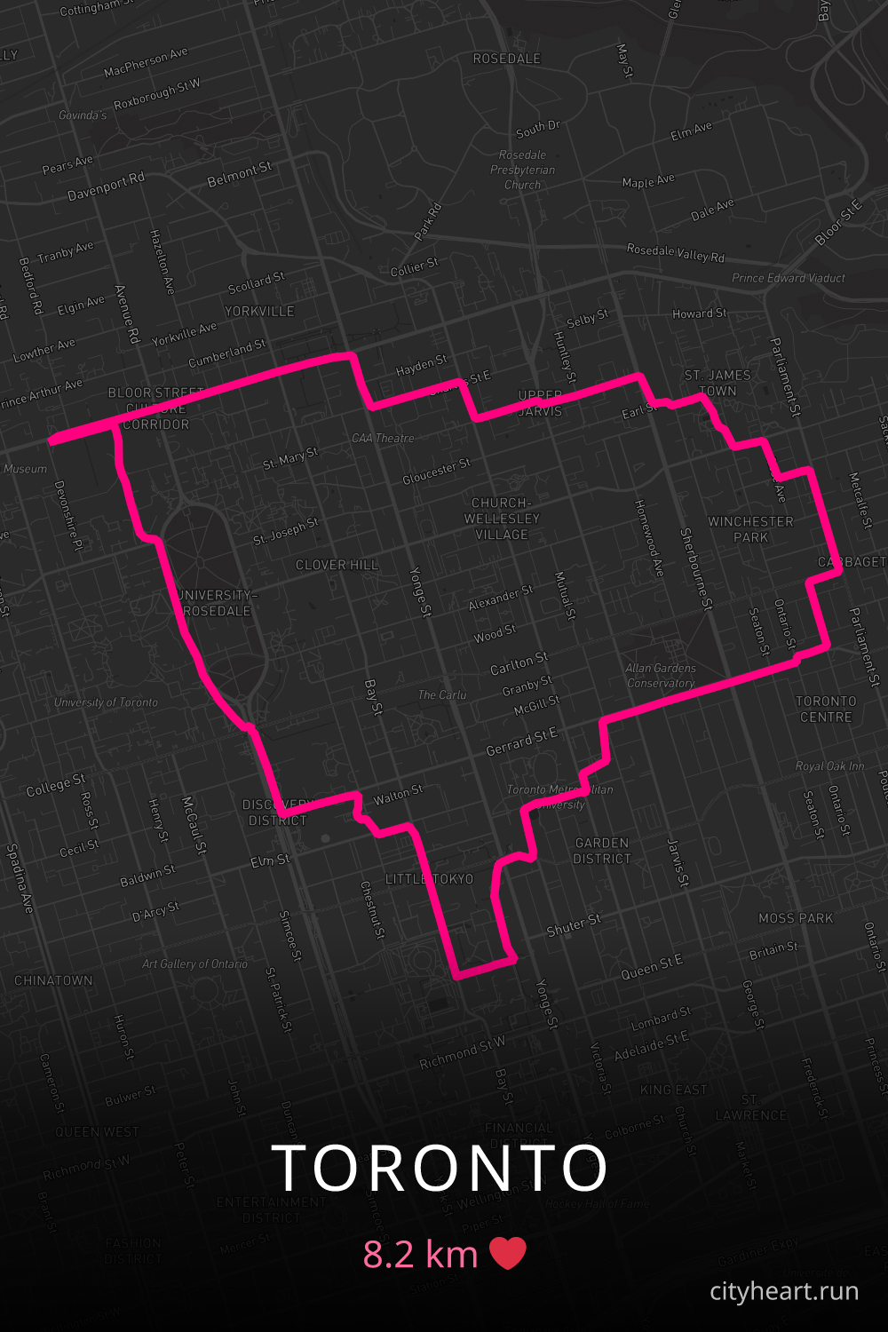 Heart-shaped running route in Toronto, 8.2 km — GPS art for Strava