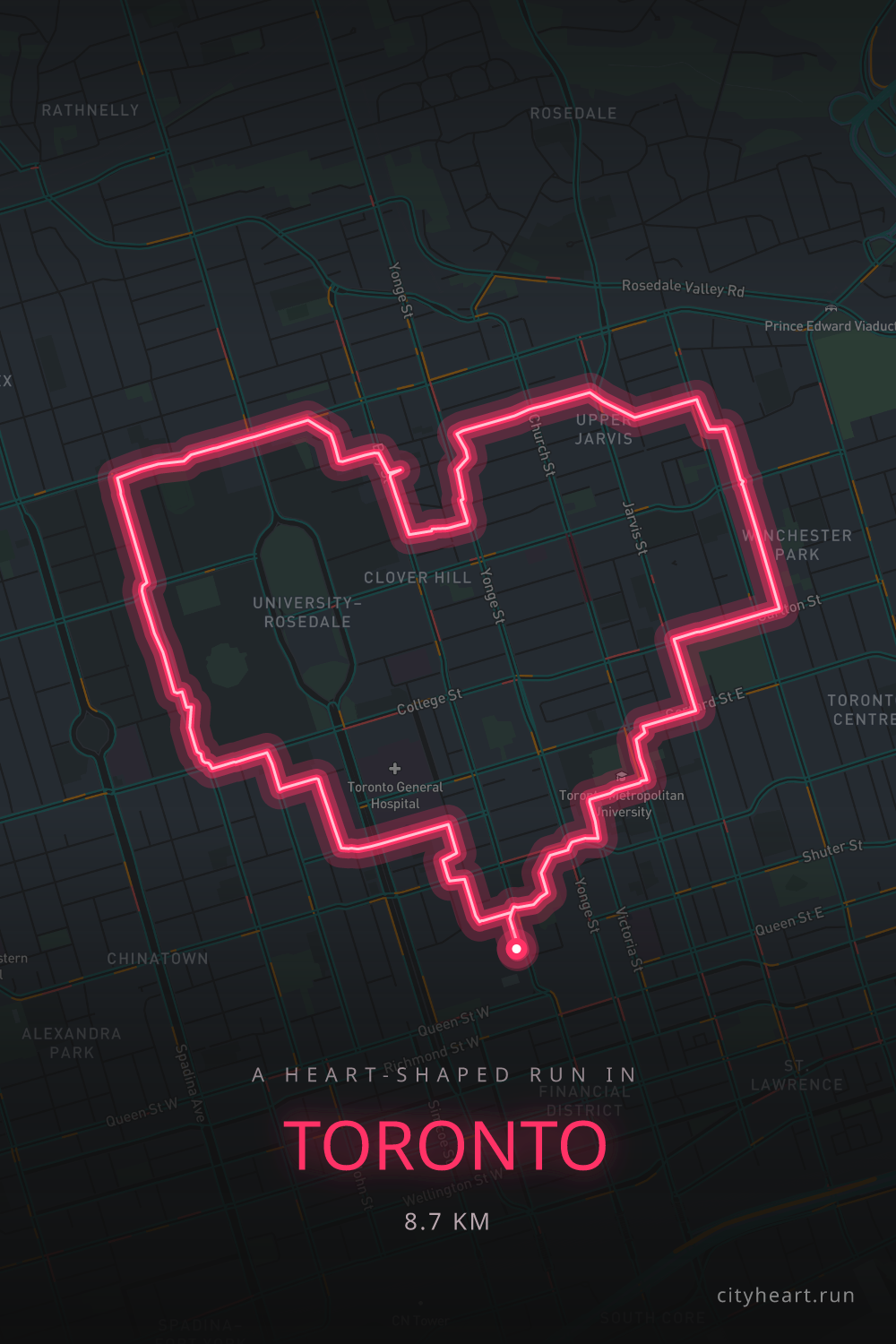 Heart-shaped running route in Toronto, 8.7 km — GPS art for Strava