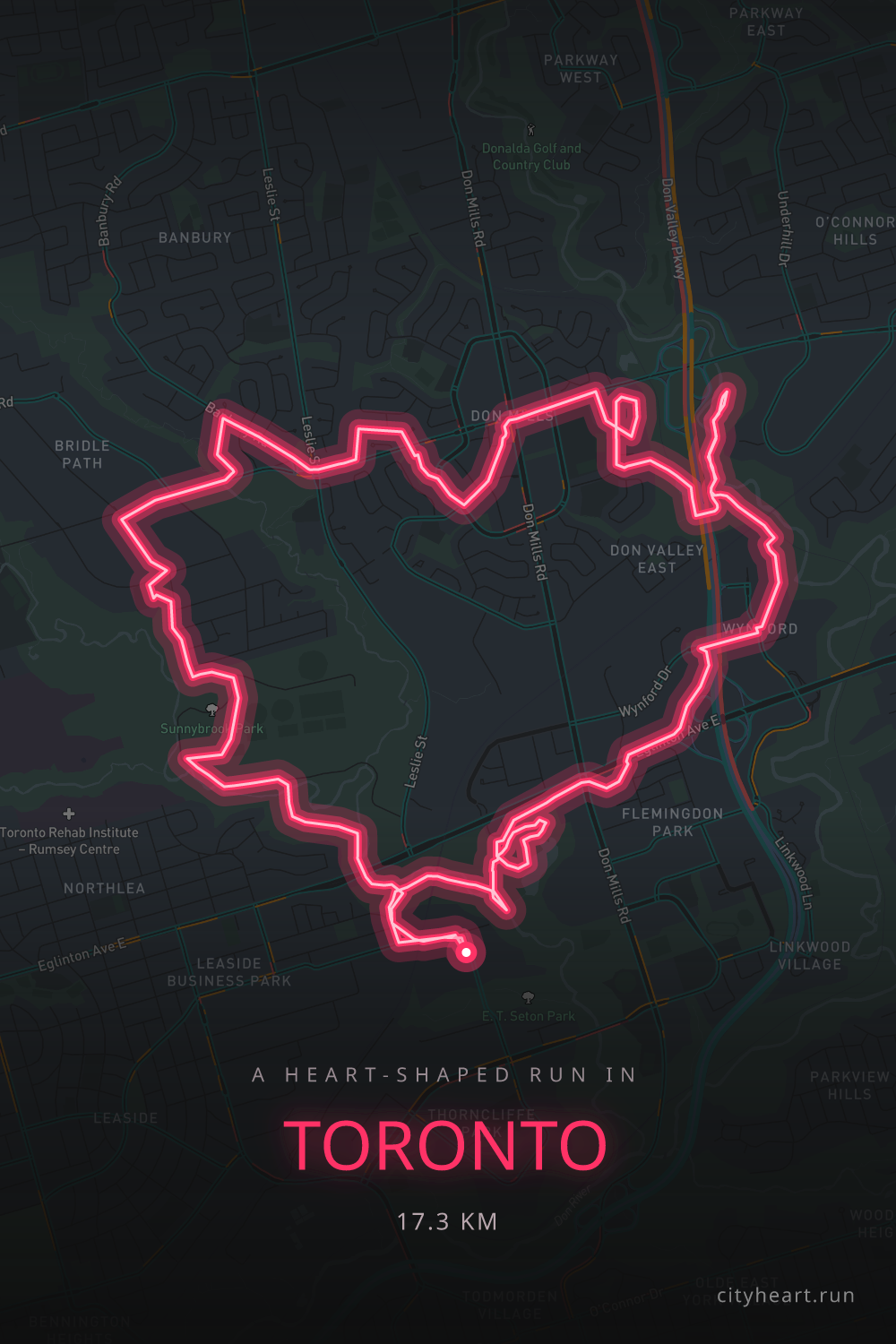 Heart-shaped running route in Toronto, 17.3 km — GPS art for Strava