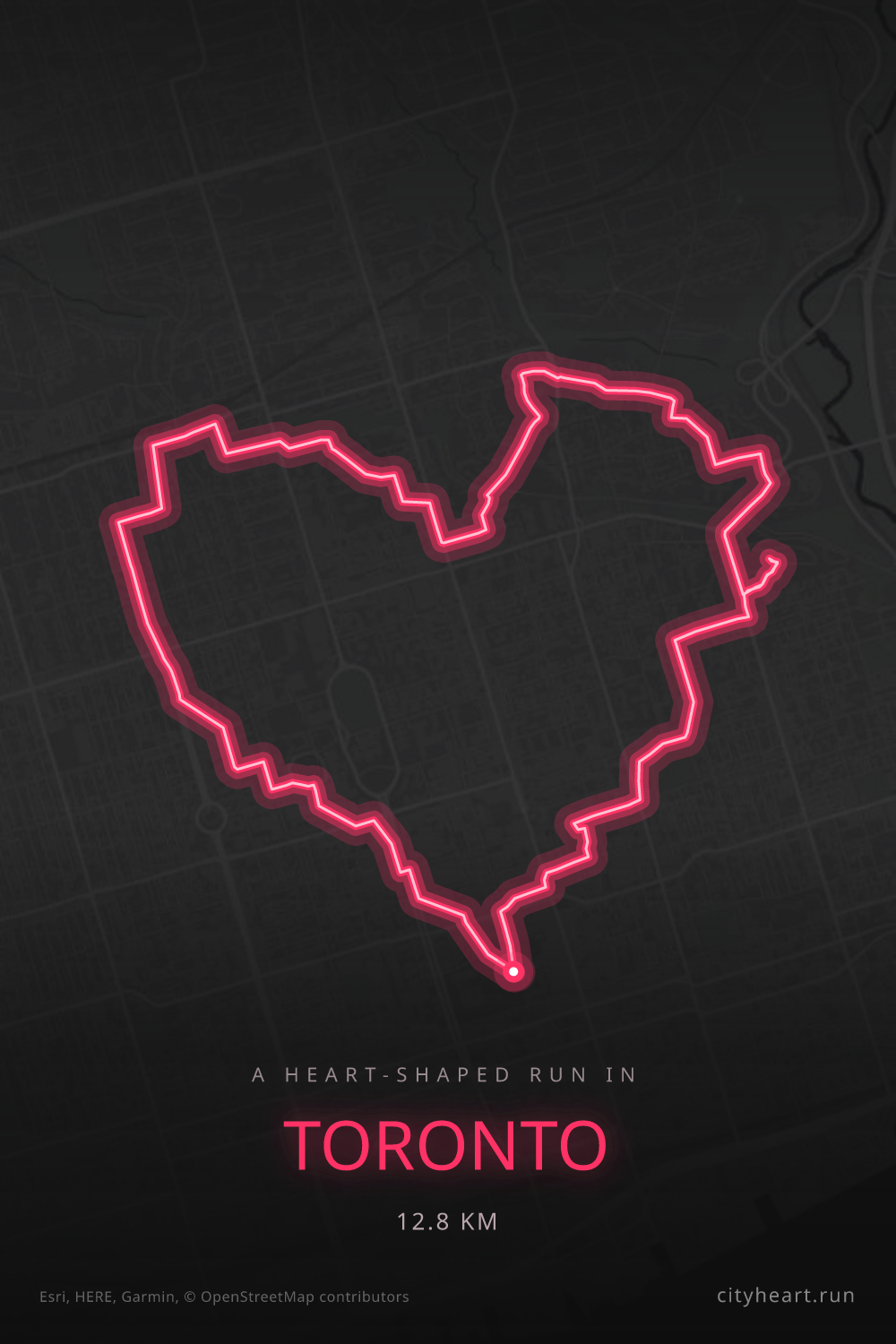 Heart-shaped running route in Toronto, 12.8 km — GPS art for Strava