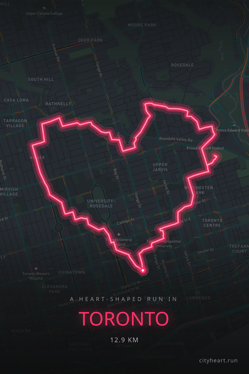 Heart-shaped running route in Toronto, 12.8 km — GPS art for Strava