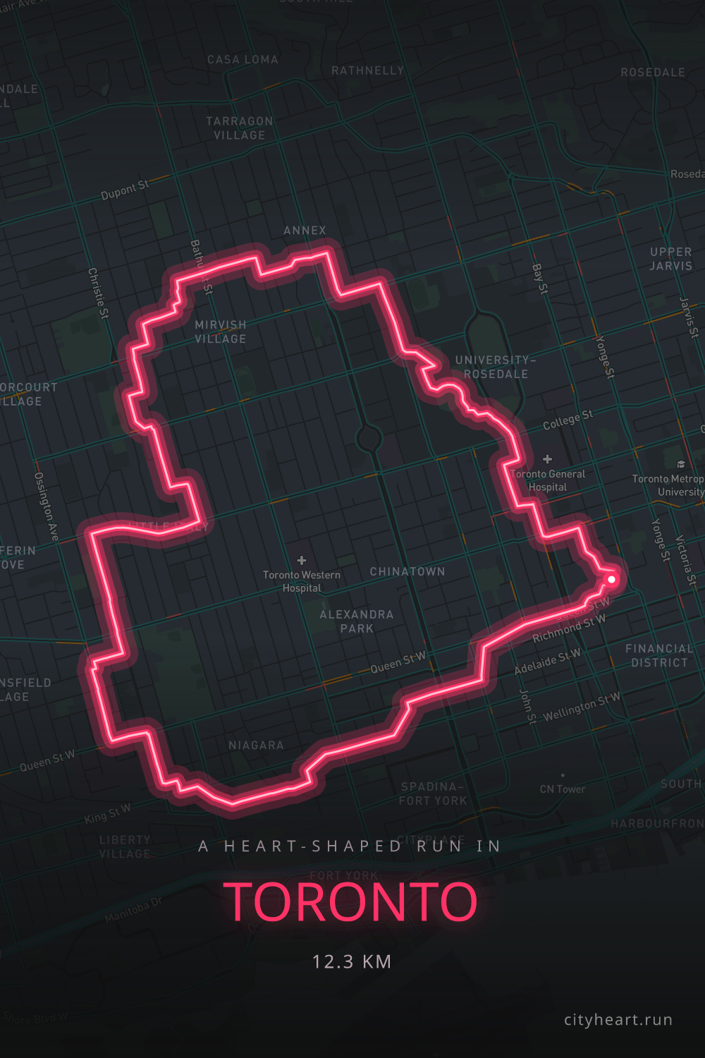 Heart-shaped running route in Toronto, 12.3 km — GPS art for Strava