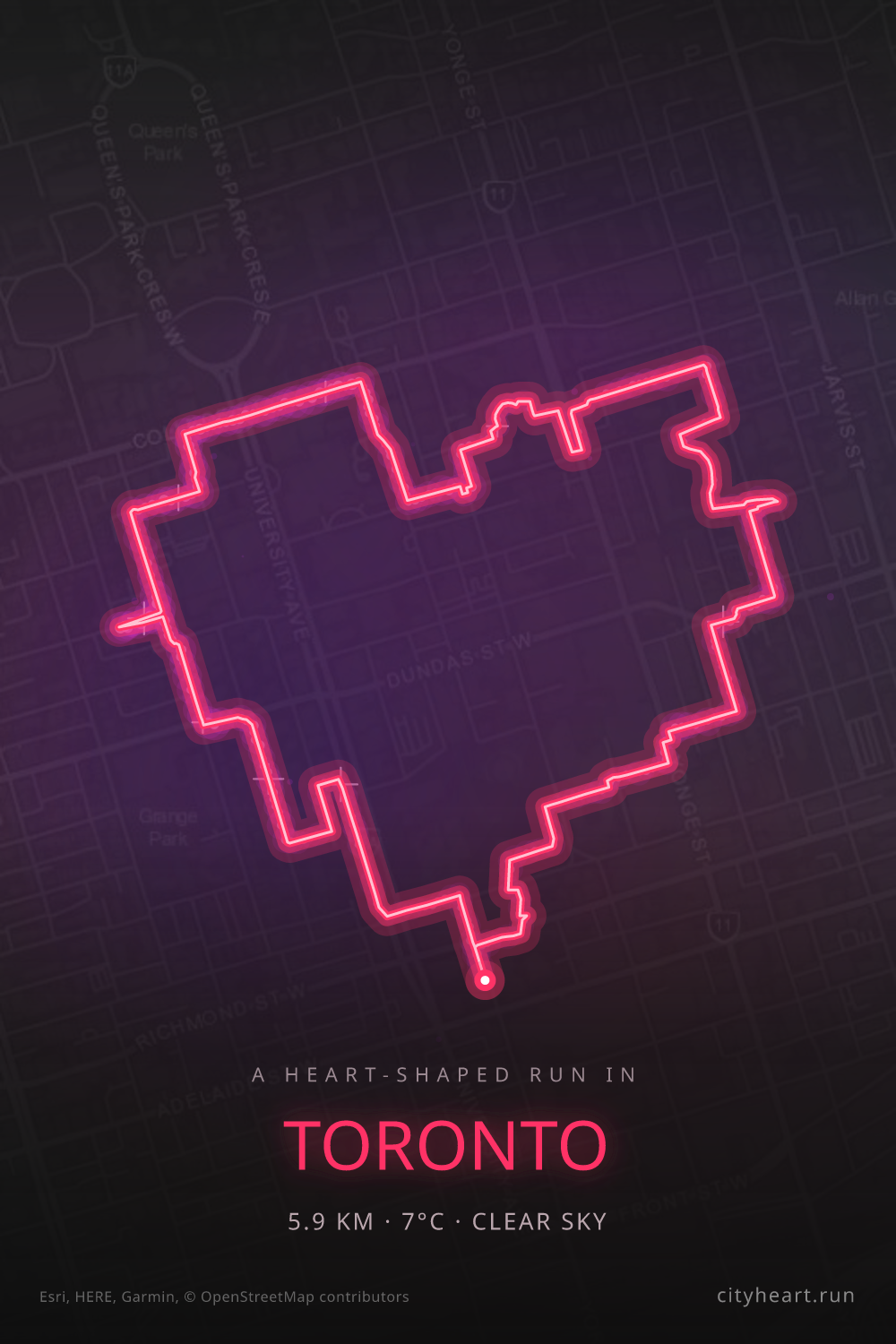 Heart-shaped running route in Toronto, 5.9 km — GPS art for Strava