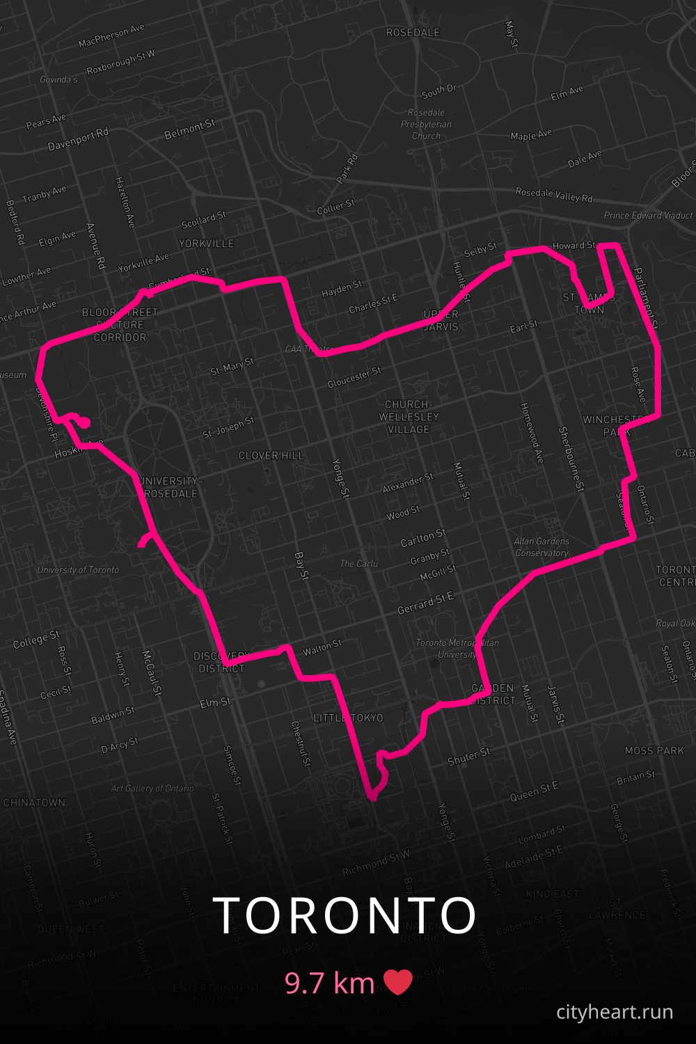 Heart-shaped running route in Toronto, 9.7 km — GPS art for Strava
