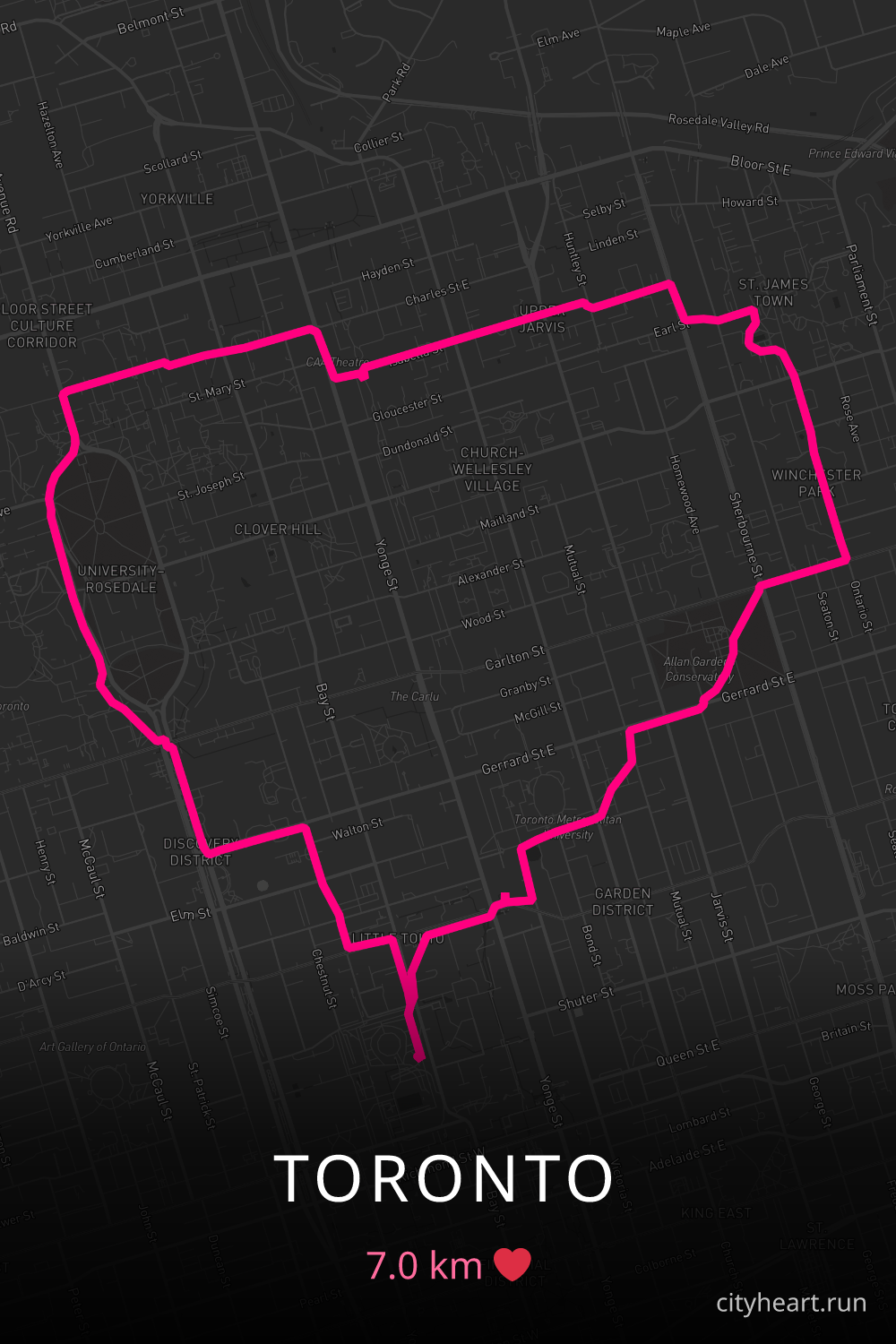 Heart-shaped running route in Toronto, 7.0 km — GPS art for Strava