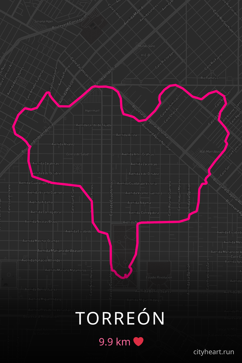 Heart-shaped running route in Torreón, 9.9 km — GPS art for Strava
