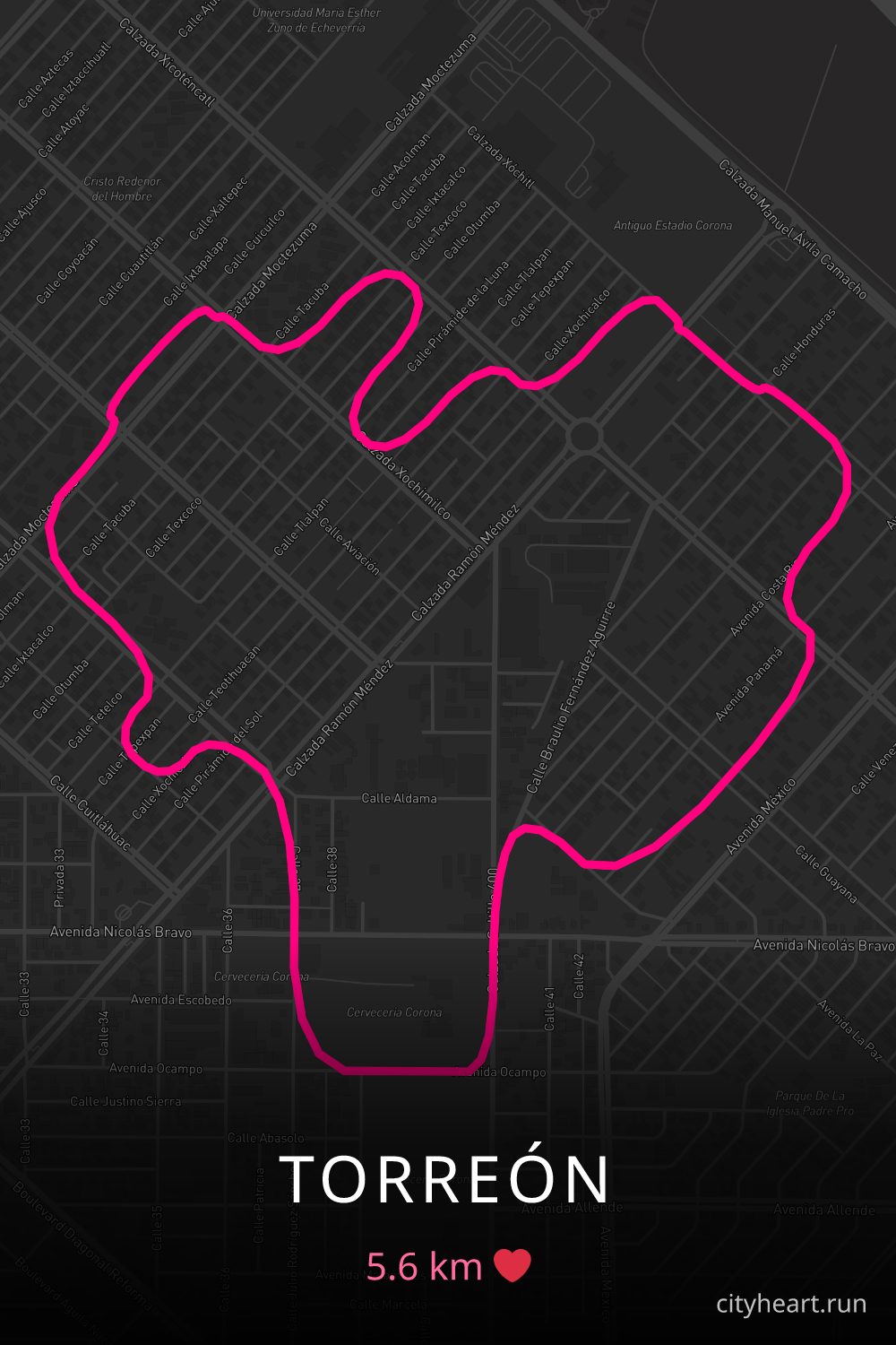 Heart-shaped running route in Torreón, 5.6 km — GPS art for Strava