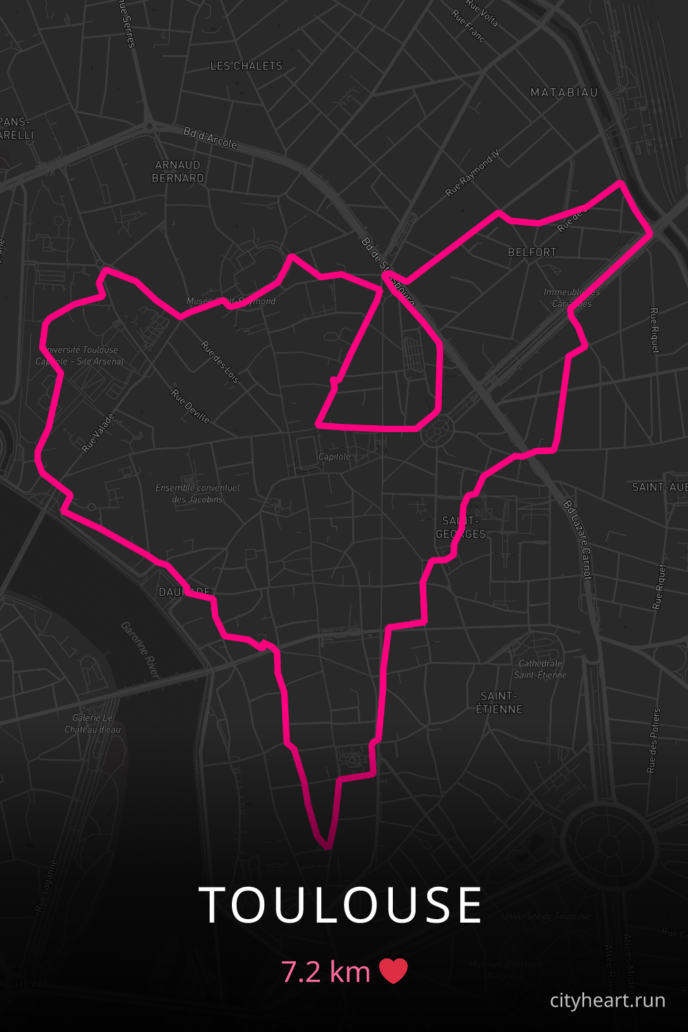 Heart-shaped running route in Toulouse, 7.2 km — GPS art for Strava