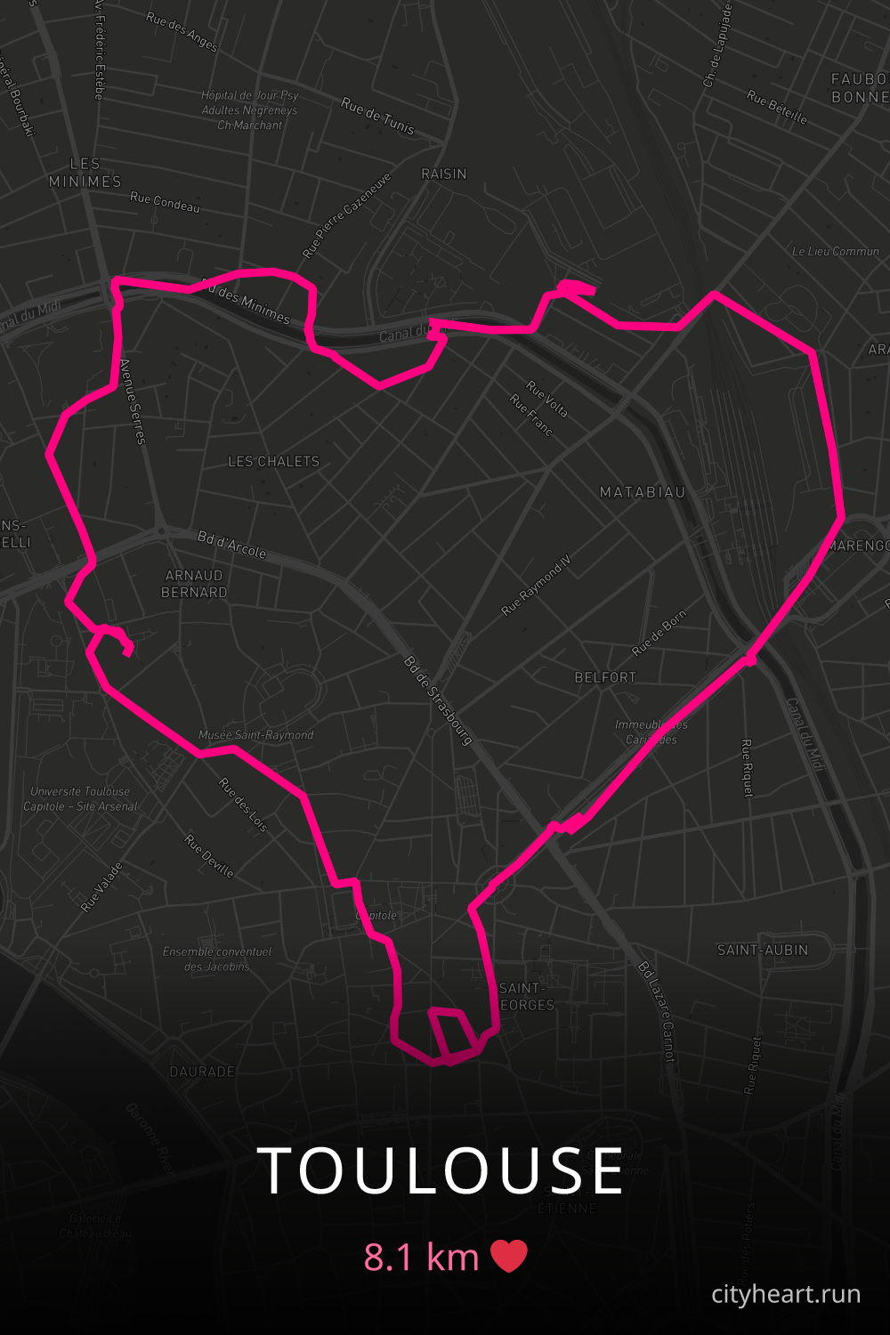 Heart-shaped running route in Toulouse, 8.1 km — GPS art for Strava
