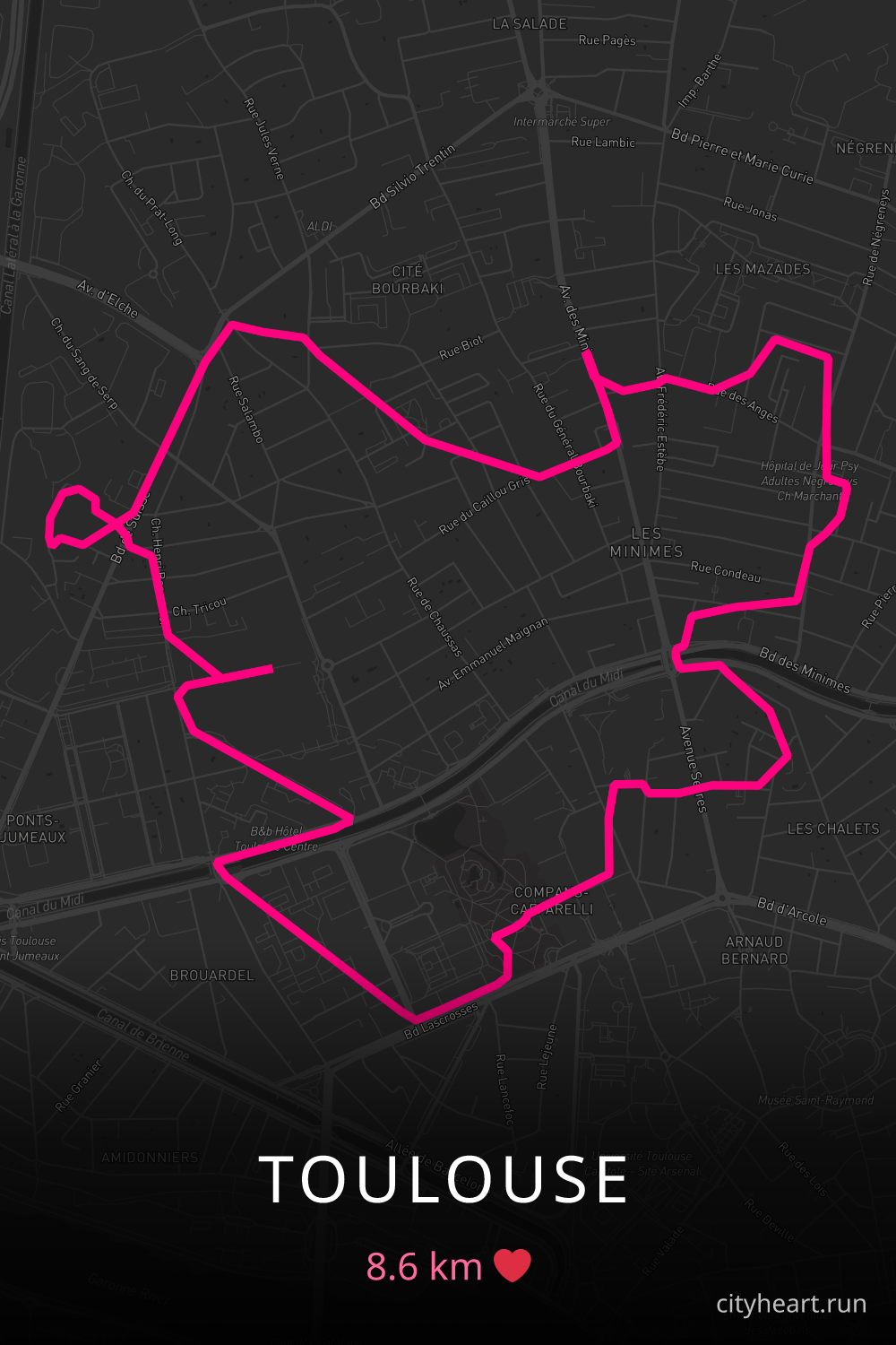 Heart-shaped running route in Toulouse, 8.6 km — GPS art for Strava