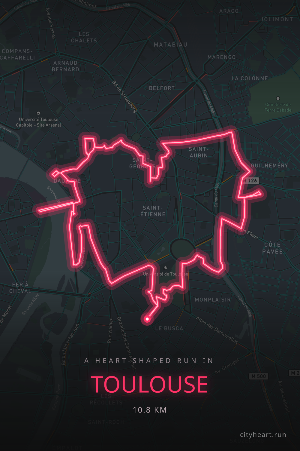 Heart-shaped running route in Toulouse, 10.8 km — GPS art for Strava
