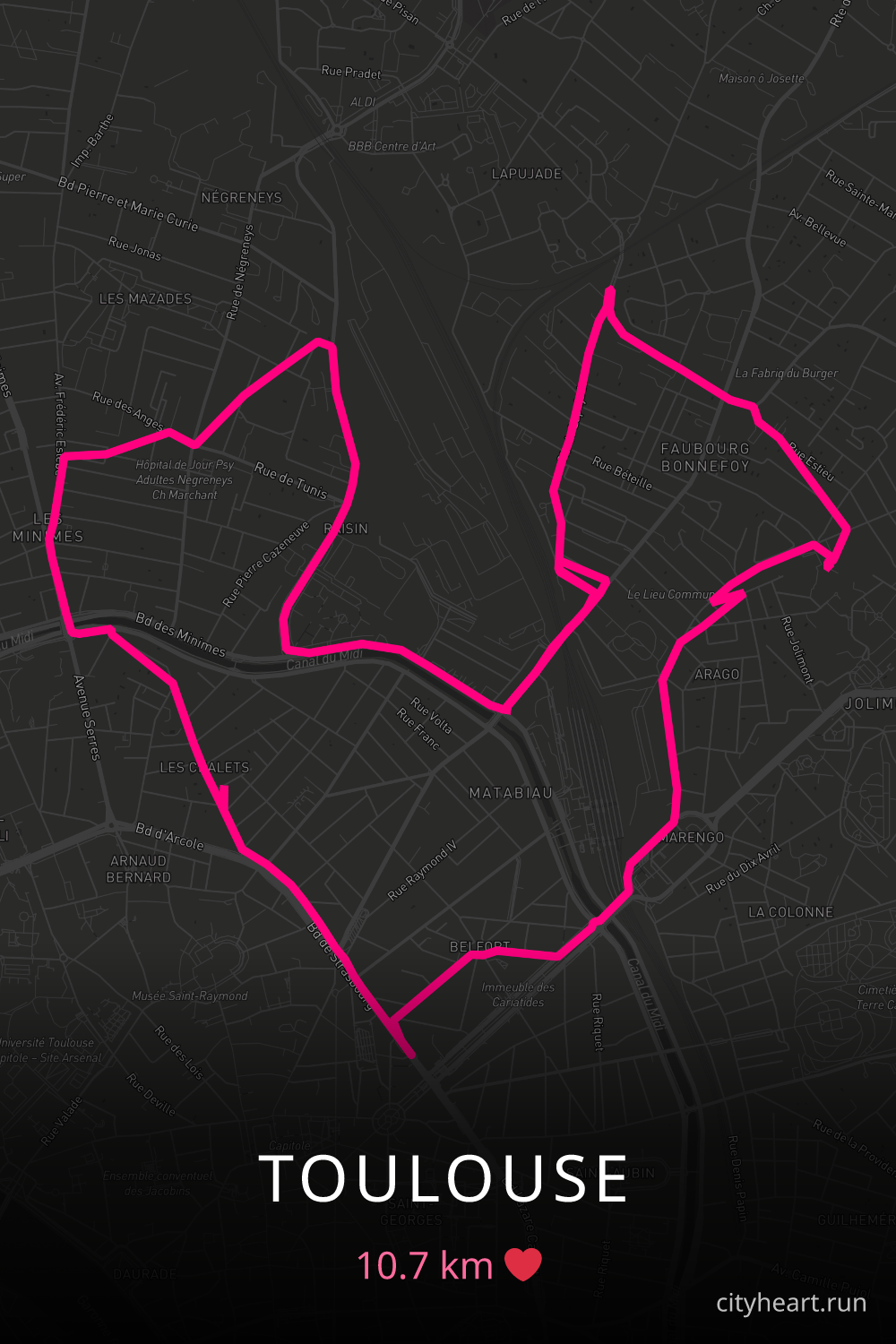 Heart-shaped running route in Toulouse, 10.7 km — GPS art for Strava
