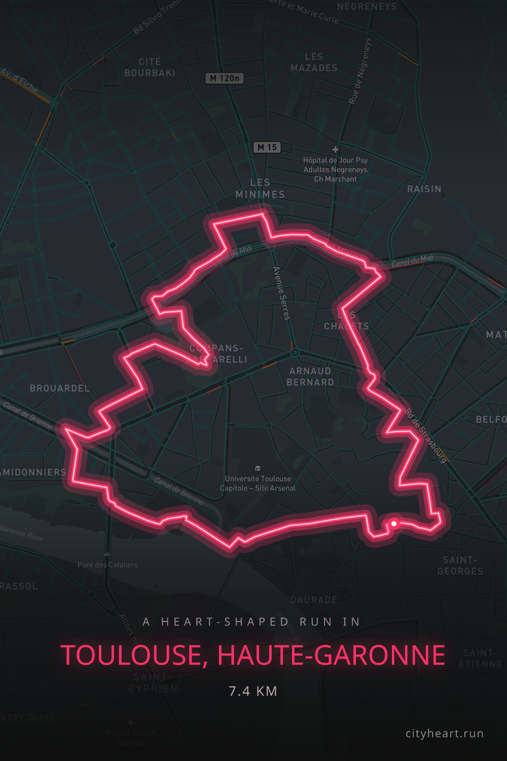 Heart-shaped running route in Toulouse, Haute-Garonne, 7.3 km — GPS art for Strava