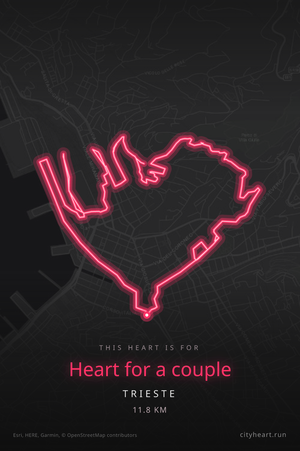 Heart-shaped running route in Trieste, 11.8 km — GPS art for Strava
