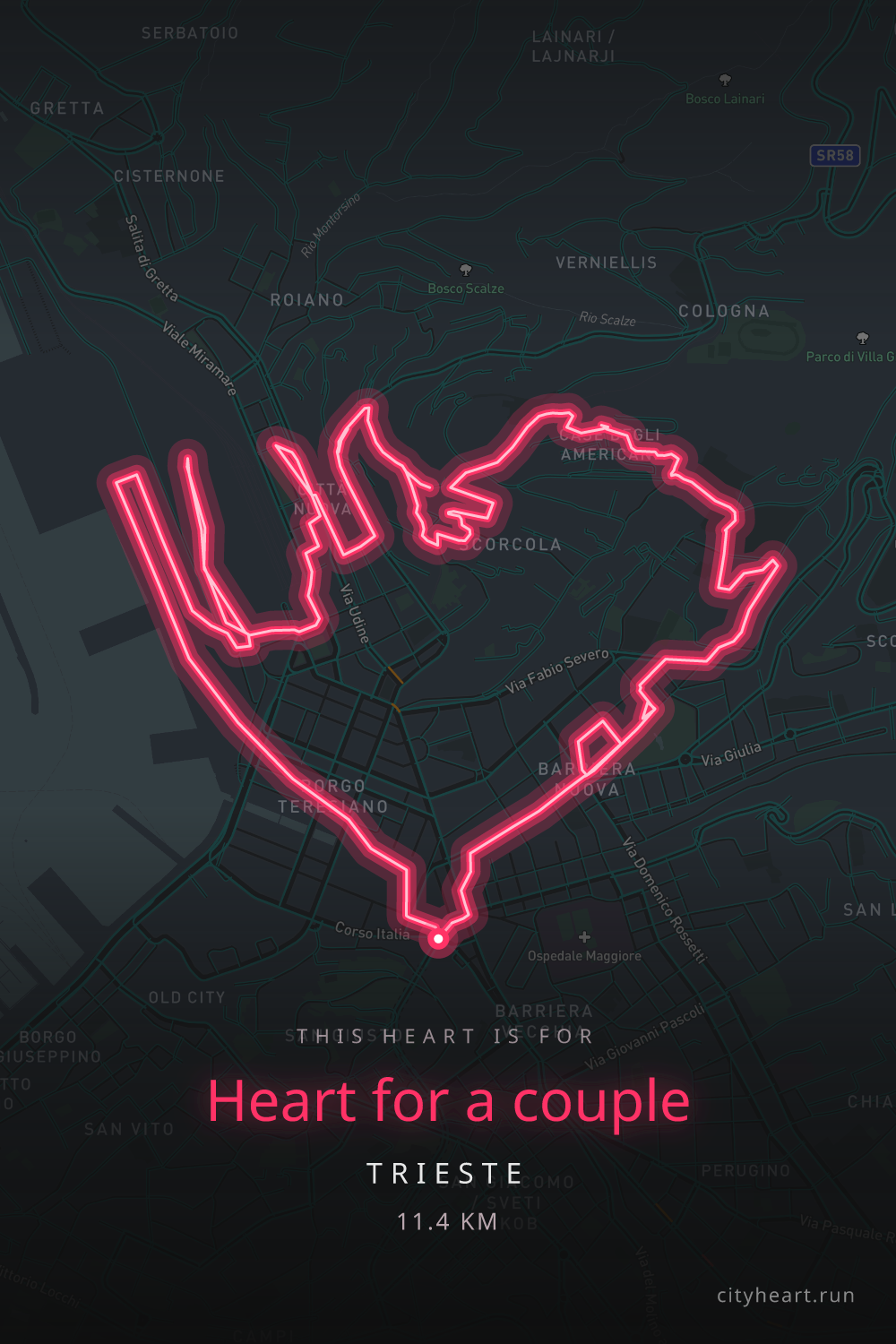 Heart-shaped running route in Trieste, 11.8 km — GPS art for Strava