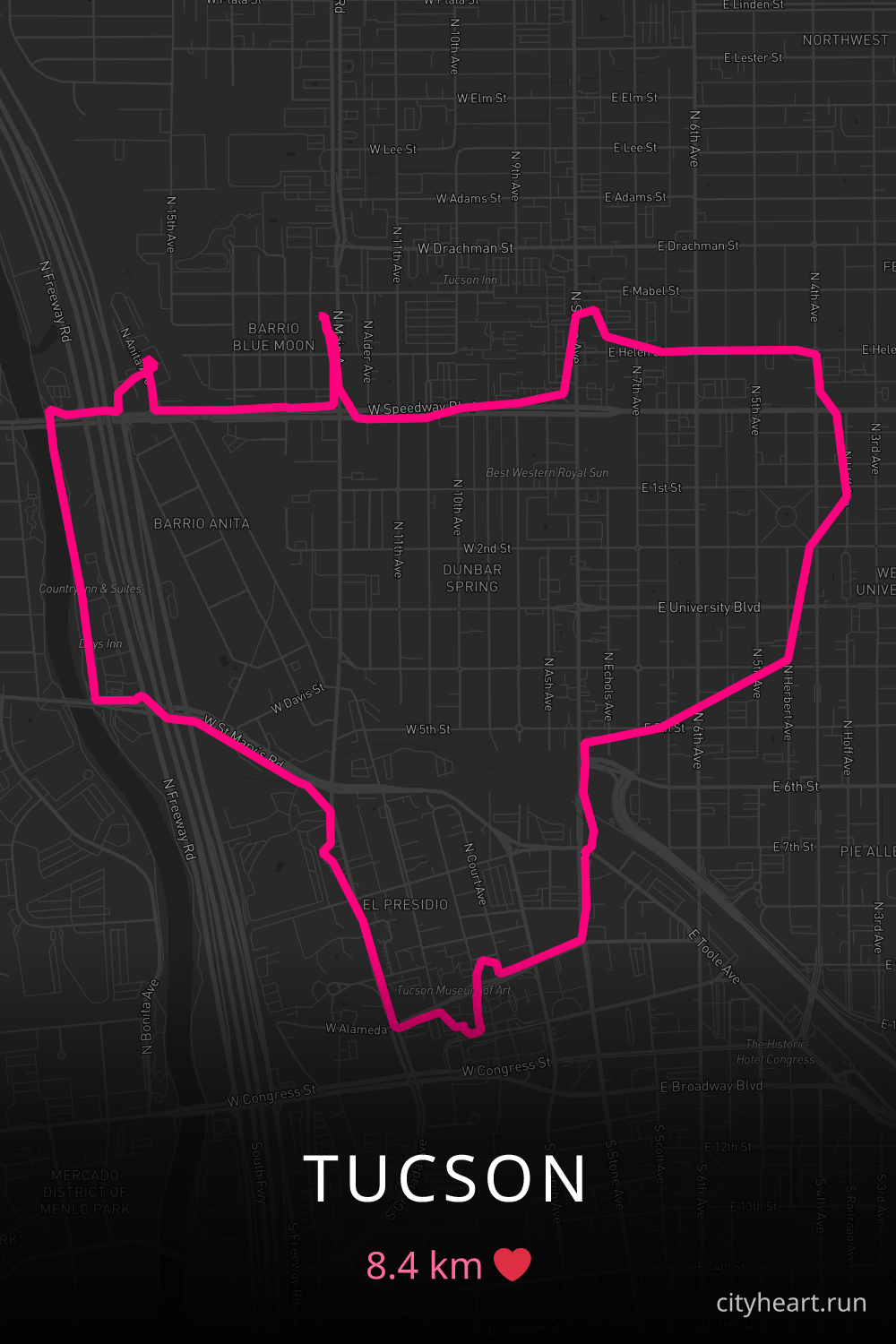 Heart-shaped running route in Tucson, 8.4 km — GPS art for Strava