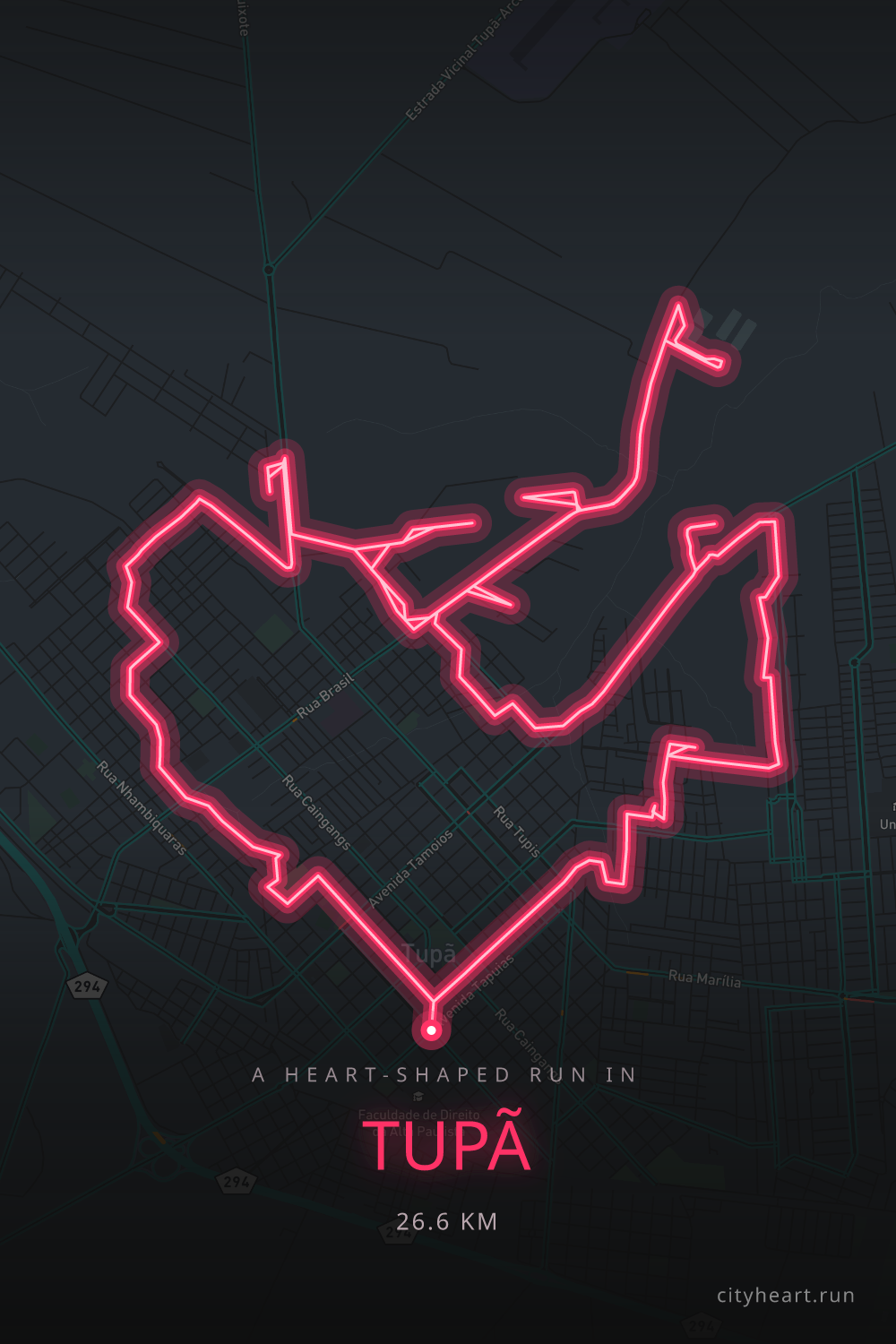 Heart-shaped running route in Tupã, 26.7 km — GPS art for Strava