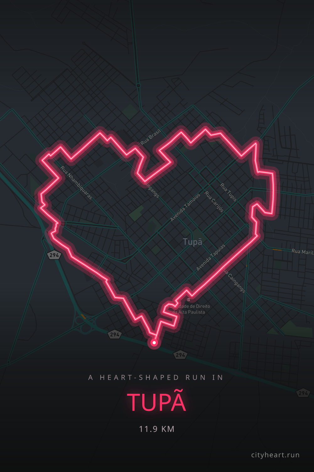 Heart-shaped running route in Tupã, 13.3 km — GPS art for Strava