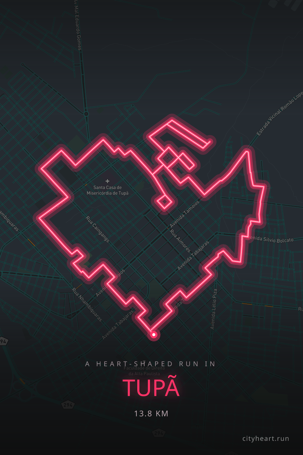 Heart-shaped running route in Tupã, 13.8 km — GPS art for Strava