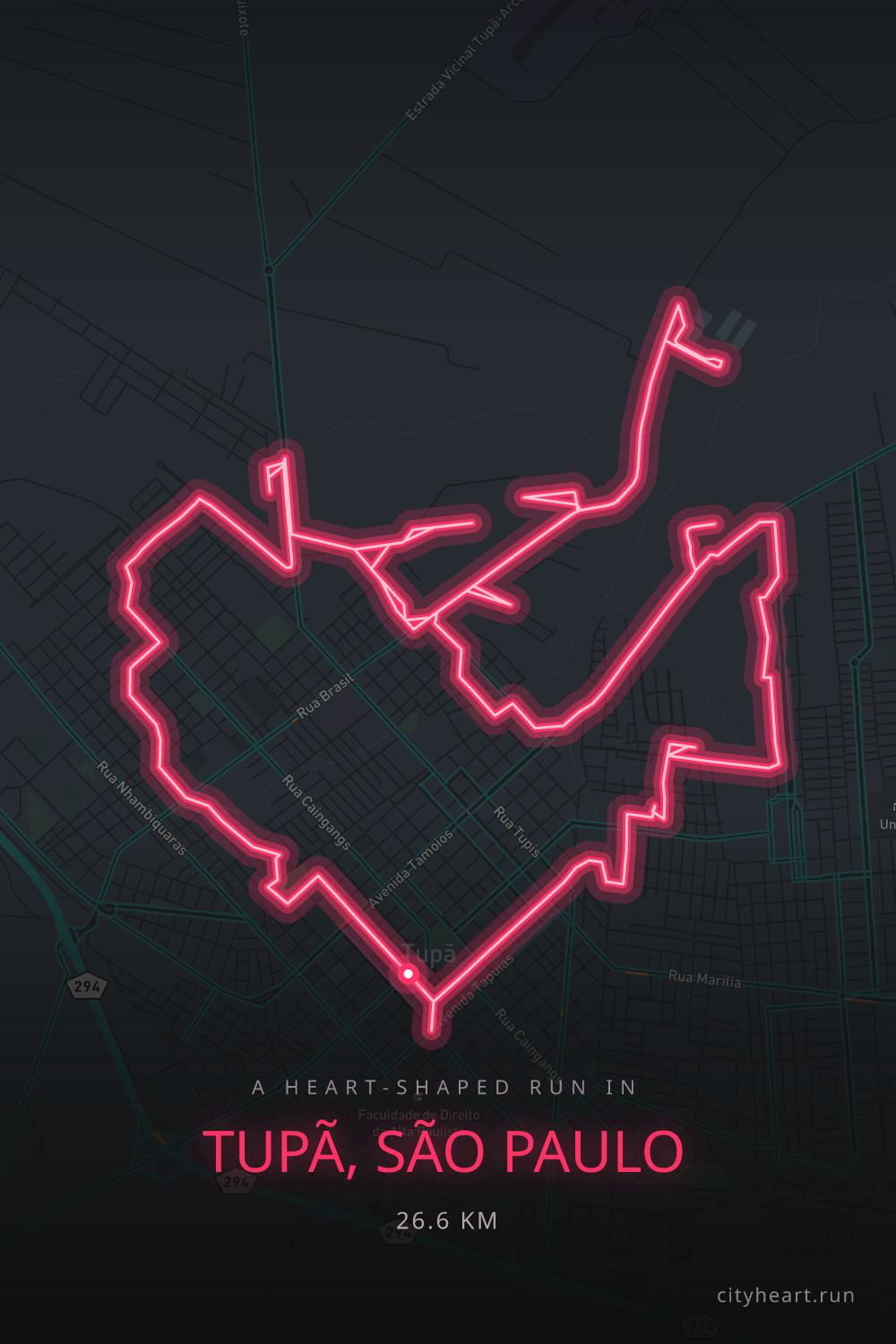 Heart-shaped running route in Tupã, São Paulo, 26.7 km — GPS art for Strava