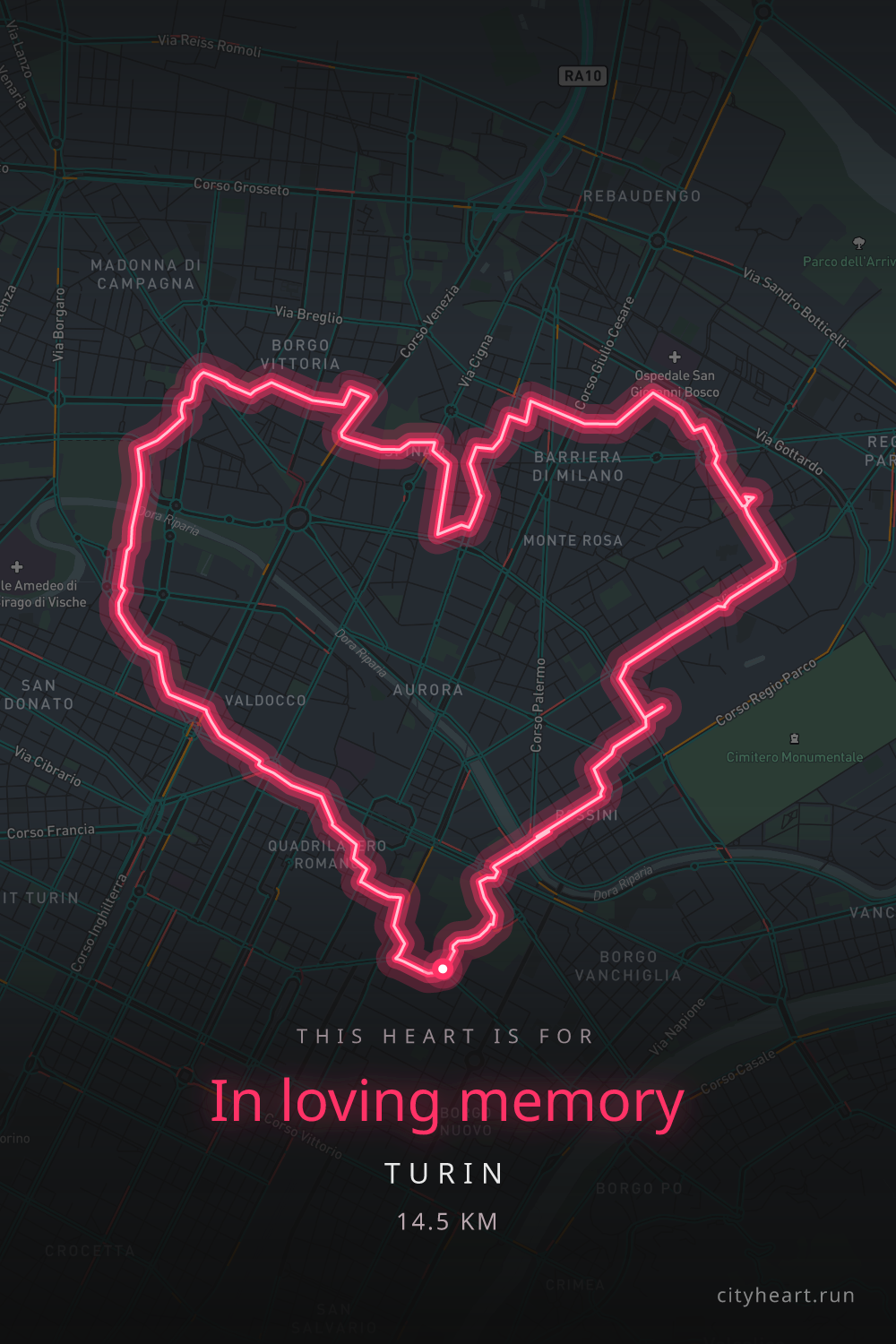 Heart-shaped running route in Turin, 15.4 km — GPS art for Strava