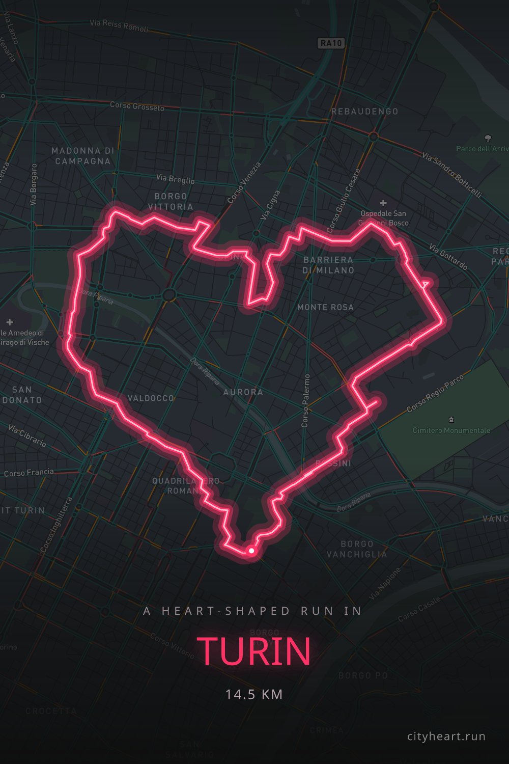 Heart-shaped running route in Turin, 15.4 km — GPS art for Strava