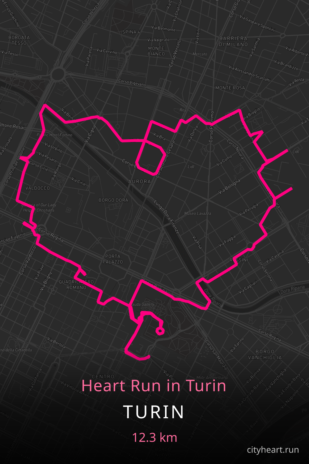 Heart-shaped running route in Turin, 12.3 km — GPS art for Strava