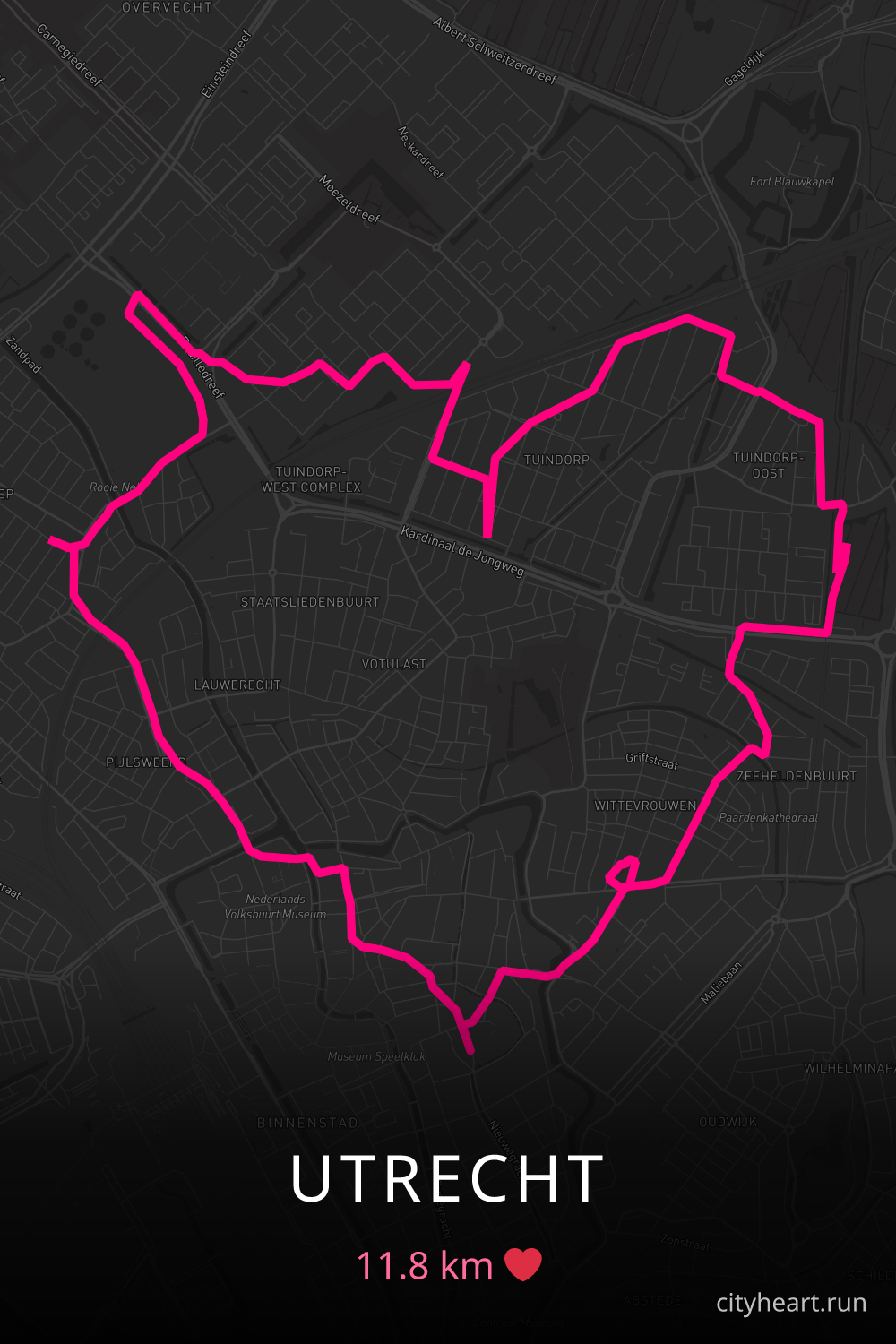 Heart-shaped running route in Utrecht, 11.8 km — GPS art for Strava