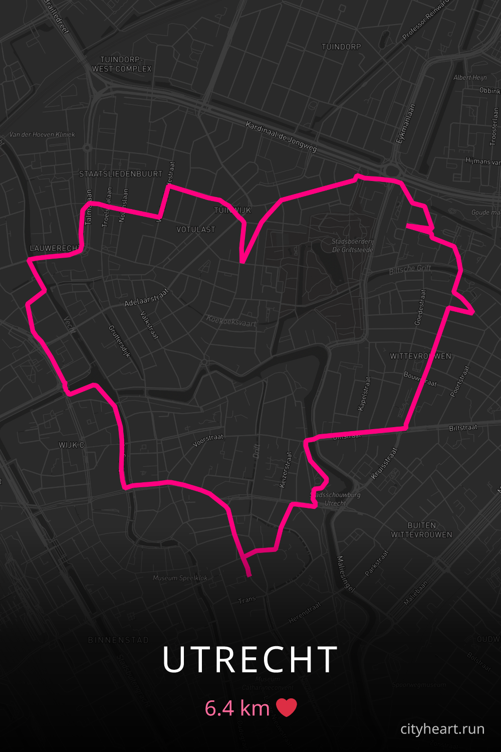 Heart-shaped running route in Utrecht, 6.4 km — GPS art for Strava